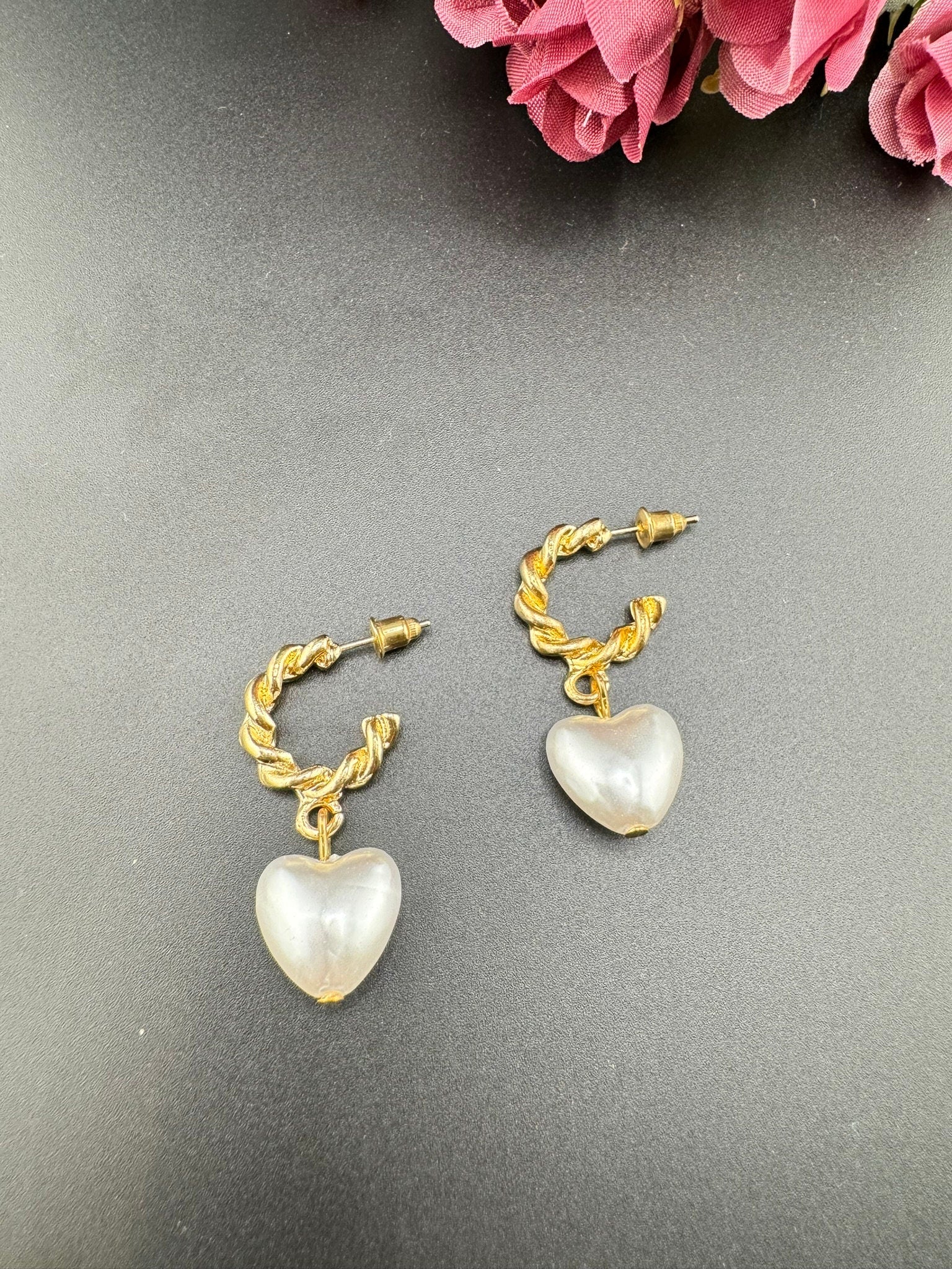 Pearl Heart and Gold brass metal earrings/statement earrings/everyday jewelry/Indian western Earrings/unique design/modern quirky earrings