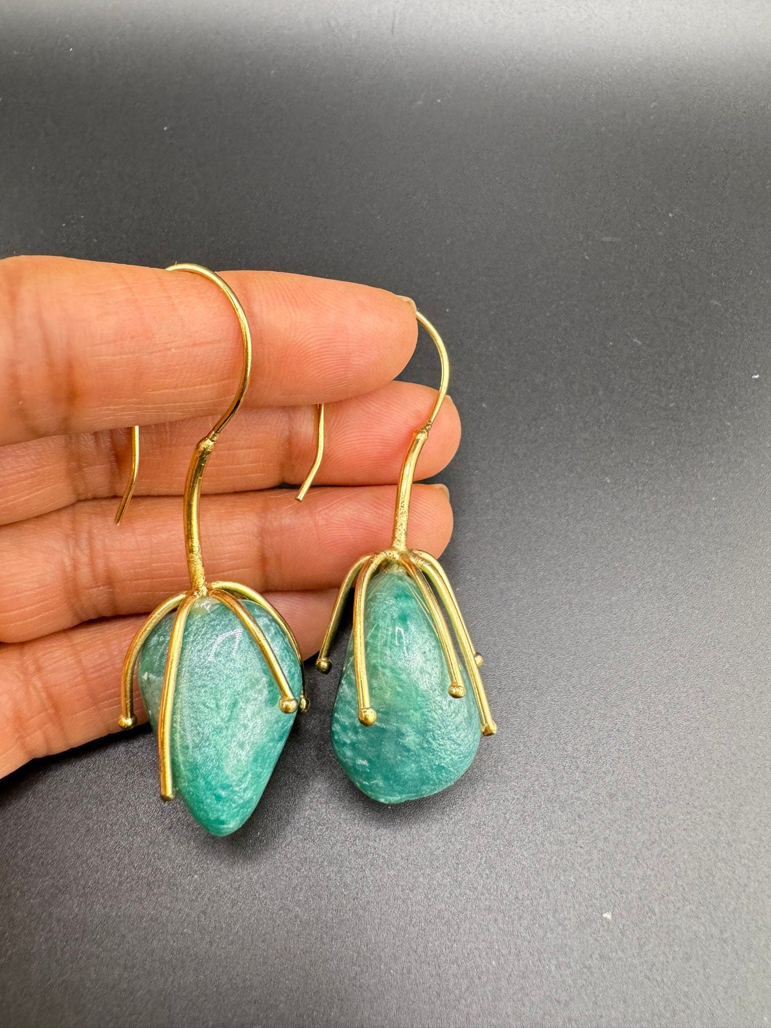 Ocean Green Stone and Gold brass dangle earrings/statement earrings/everyday jewelry/Indian western Earrings/unique design/quirky earrings