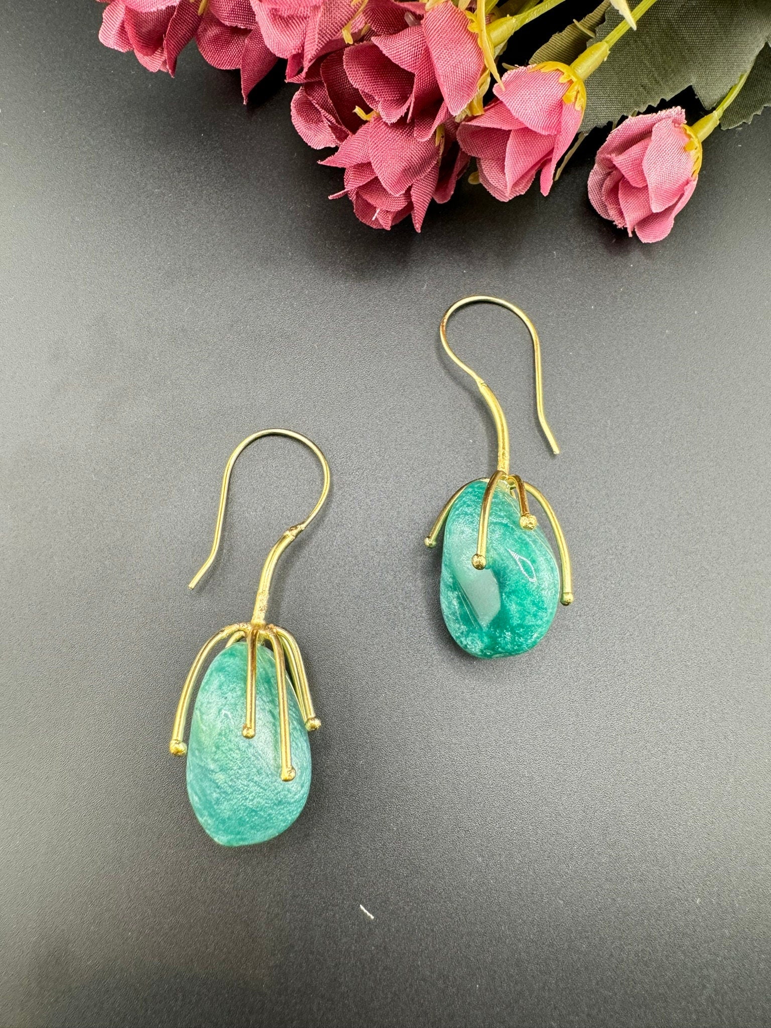 Ocean Green Stone and Gold brass dangle earrings/statement earrings/everyday jewelry/Indian western Earrings/unique design/quirky earrings