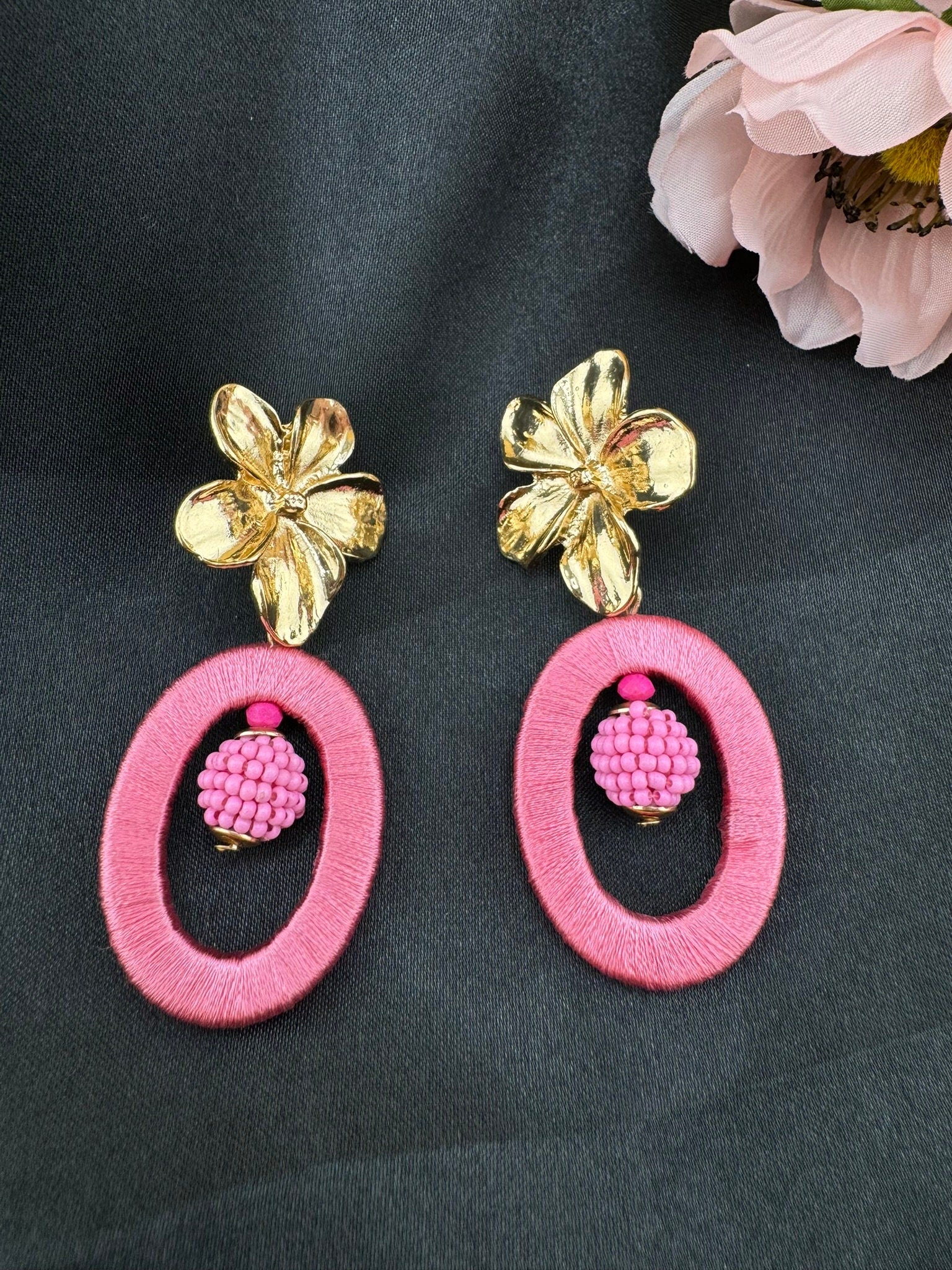 Beaded Threaded Pink and Gold Flower unique quirky earring/Handmade/Statement Boho Earring/Beaded earring/everyday Earring/Valentines Love