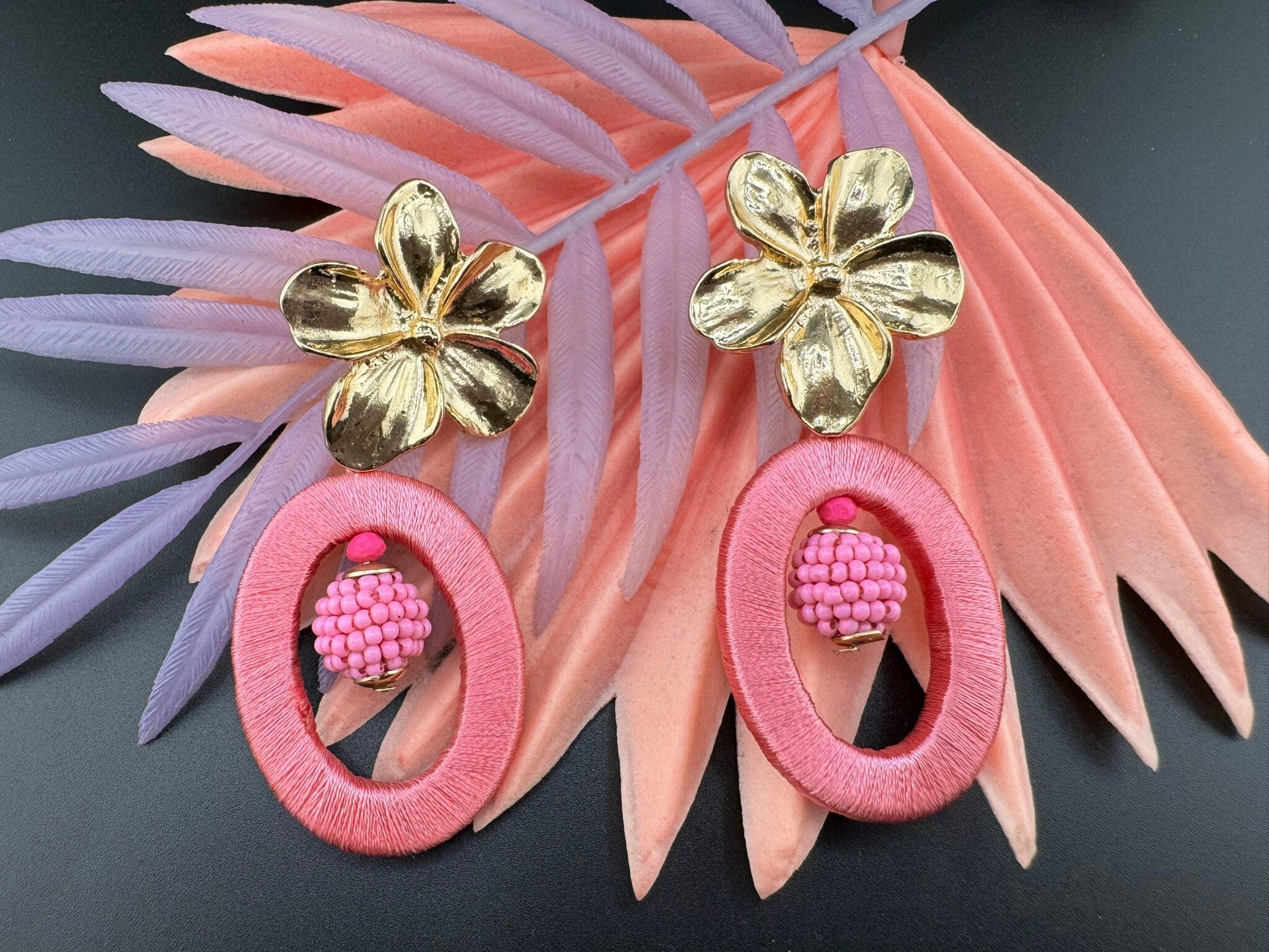 Beaded Threaded Pink and Gold Flower unique quirky earring/Handmade/Statement Boho Earring/Beaded earring/everyday Earring/Valentines Love