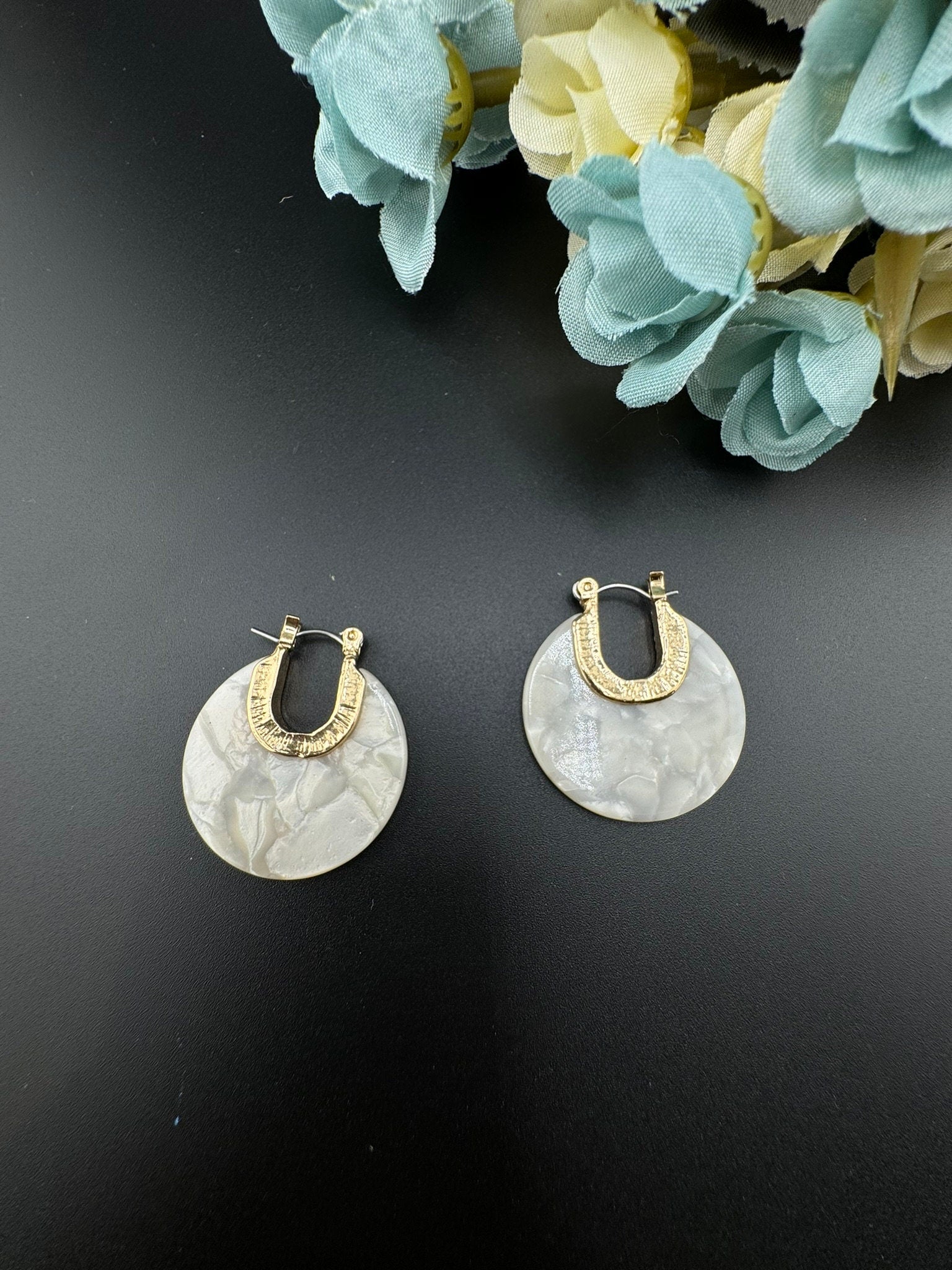 Mother of Pearl and Gold hoop earrings/statement earrings/everyday jewelry/Indian western Earrings/unique design/modern quirky earrings