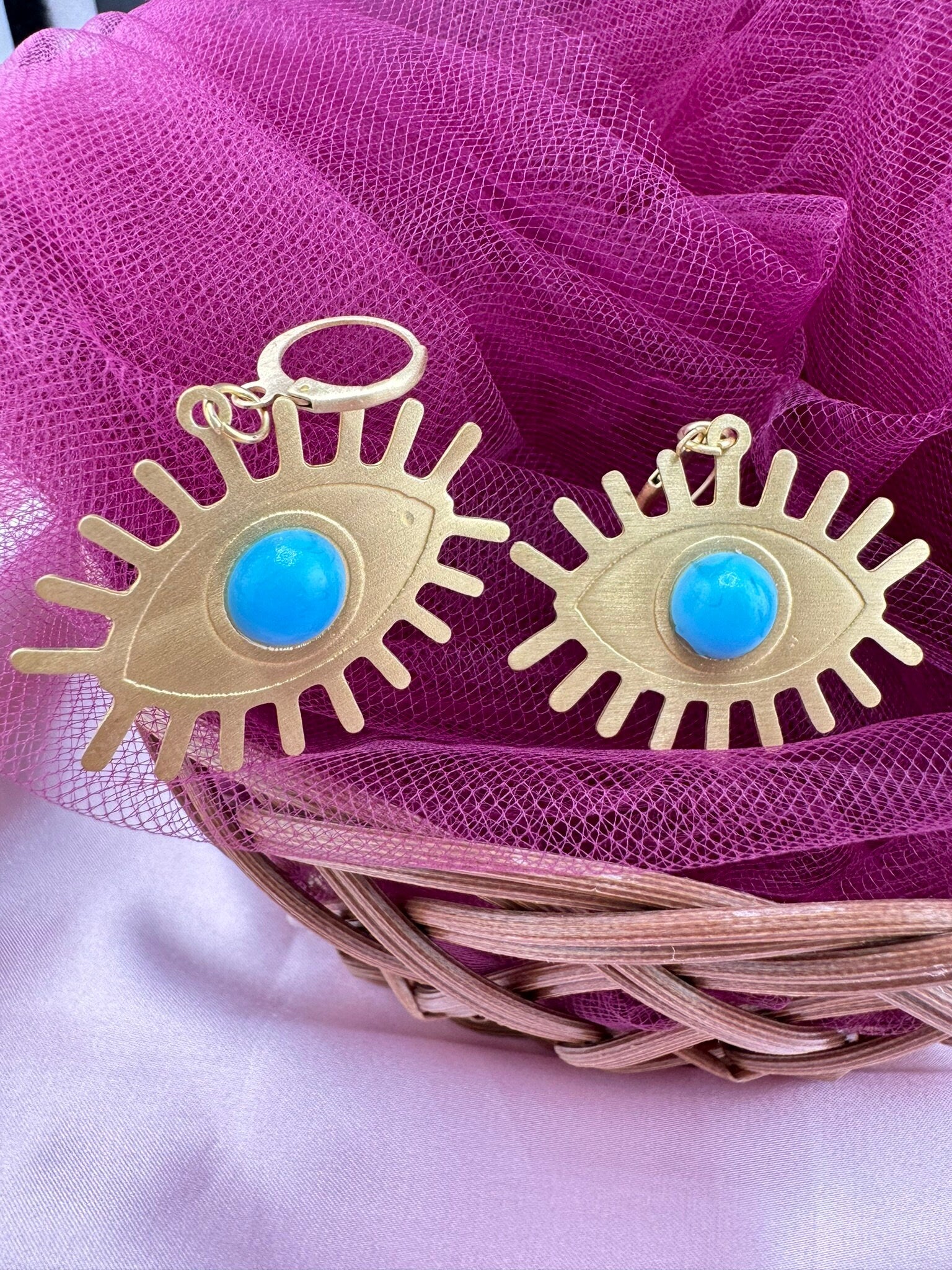 Blue Stone and Matt Gold Evil Eye earring/statement earring/everyday jewelry/Indian western Earring/unique lightweight design/quirky earring