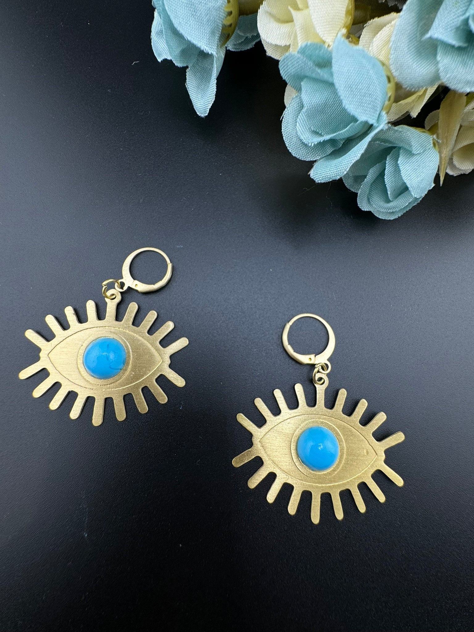 Blue Stone and Matt Gold Evil Eye earring/statement earring/everyday jewelry/Indian western Earring/unique lightweight design/quirky earring