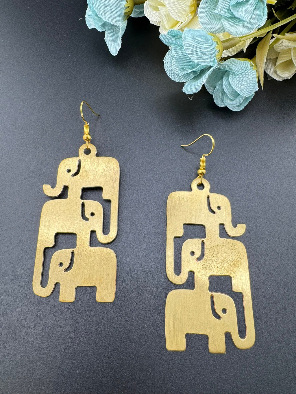 Premium Matt Gold quirky earrings in unique sleek multiple elephant design Drop Statement earrings