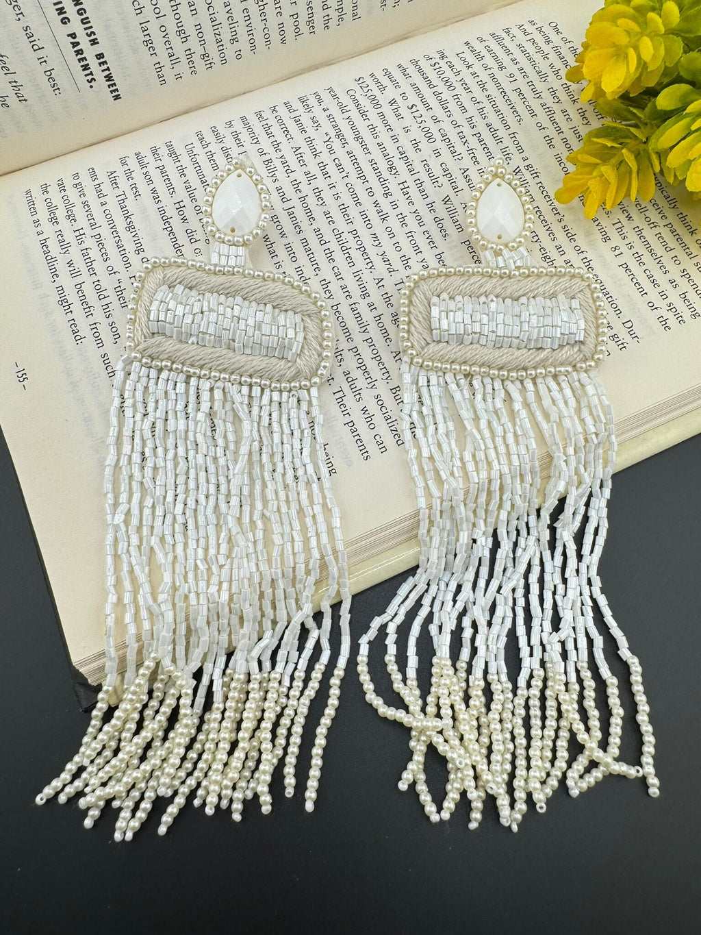 Beaded Long Oversized White Gold Beaded Tassel earring/Handmade earrings