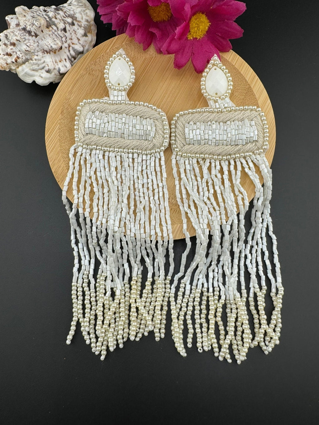 Beaded Long Oversized White Gold Beaded Tassel earring/Handmade earrings