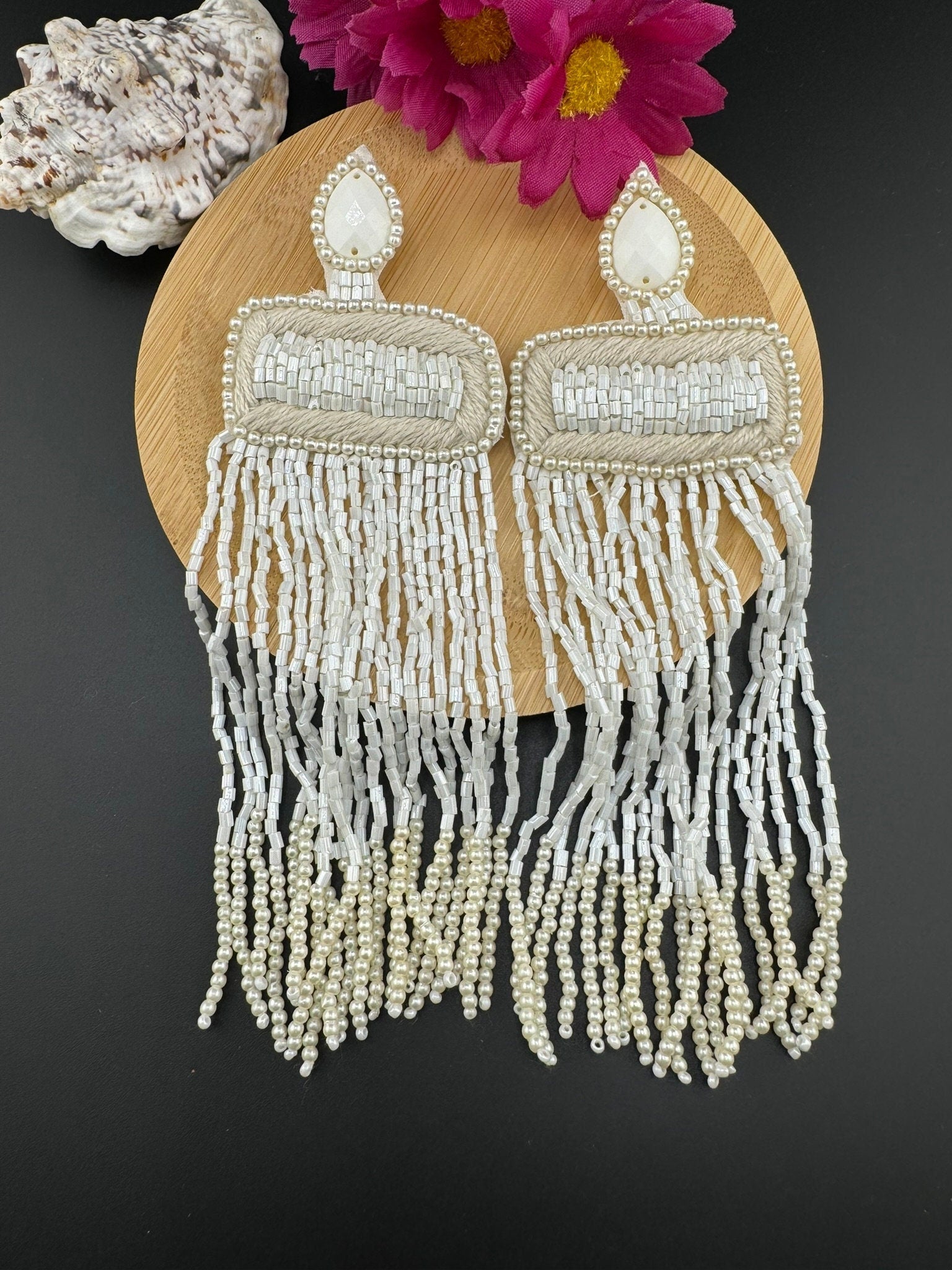 Beaded Long Oversized White Gold Beaded Tassel earring/Handmade earrings