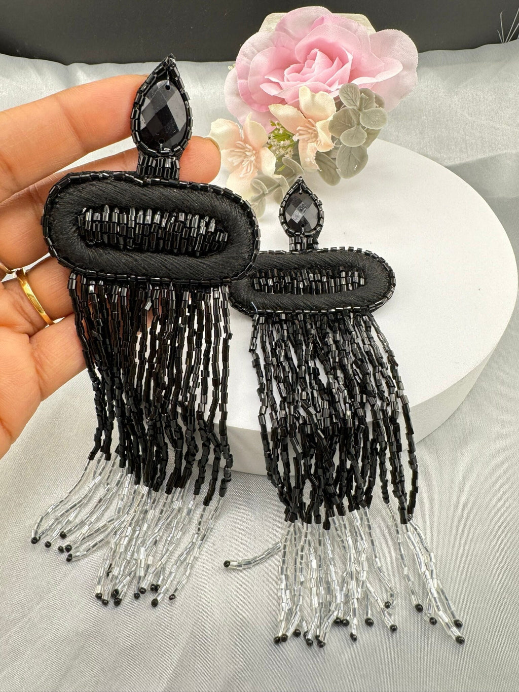 Beaded Long Oversized Black Silver Beaded Tassel earring/Handmade earrings