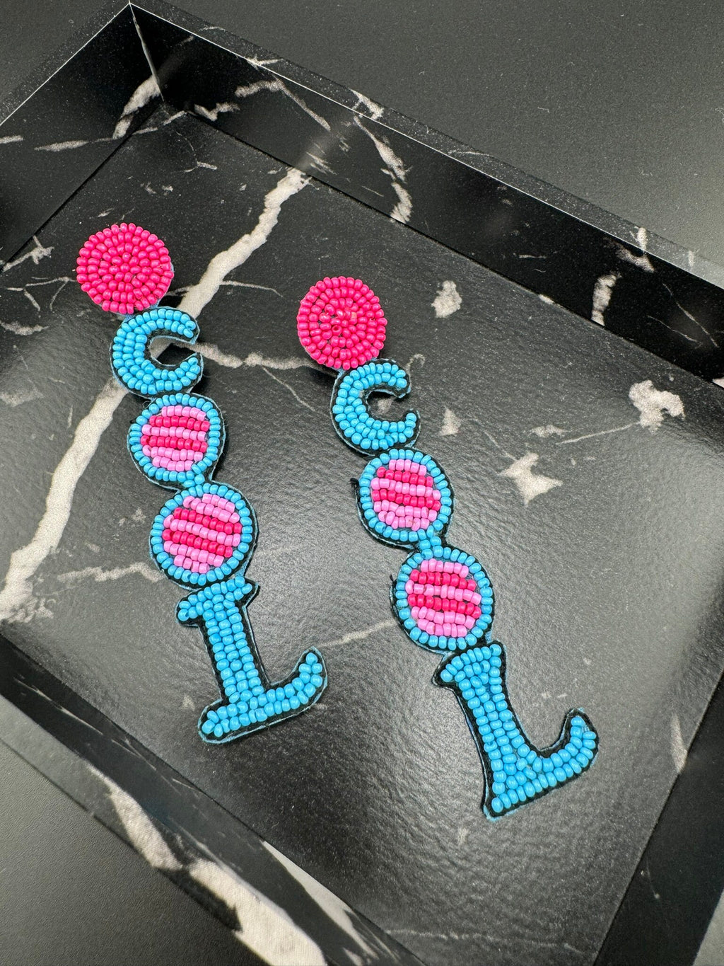 Beaded Pink and Blue COOL quirky long earrings /Handmade long earrings