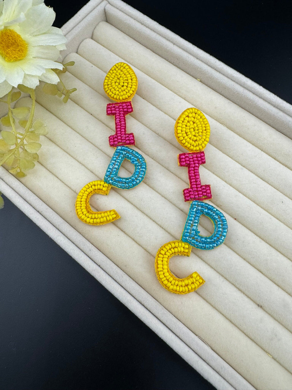 Beaded Pink Yellow and Blue I DONT CARE quirky beaded earring/Handmade earrings