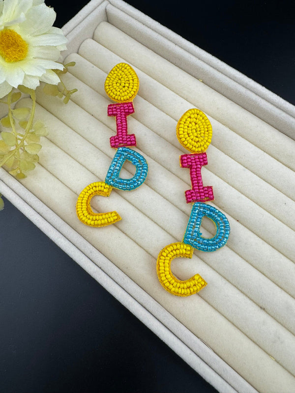 Beaded Pink Yellow and Blue I DONT CARE quirky beaded earring/Handmade earrings