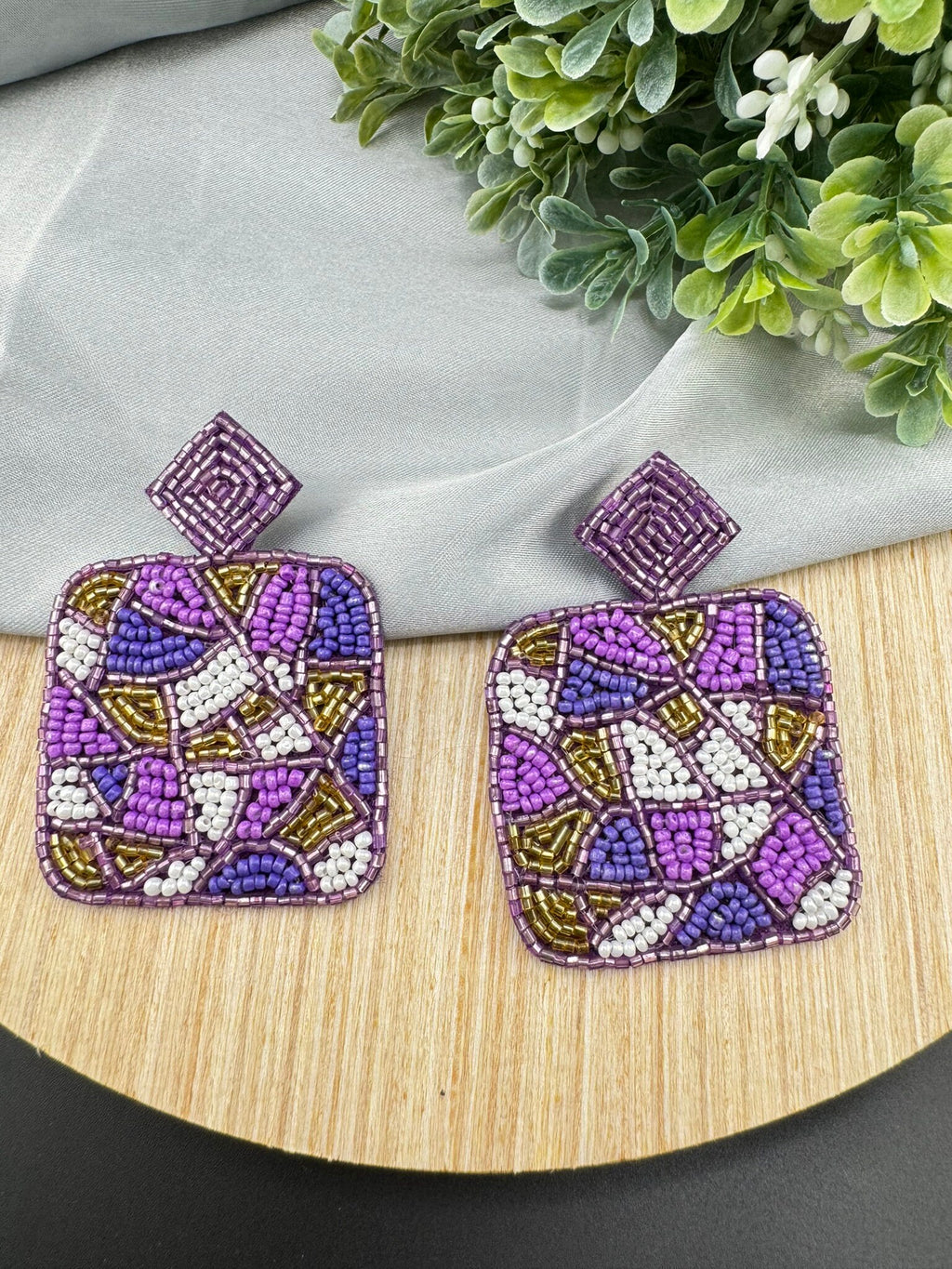 Beaded Purple and Lavender Square quirky beaded earring/Handmade earrings