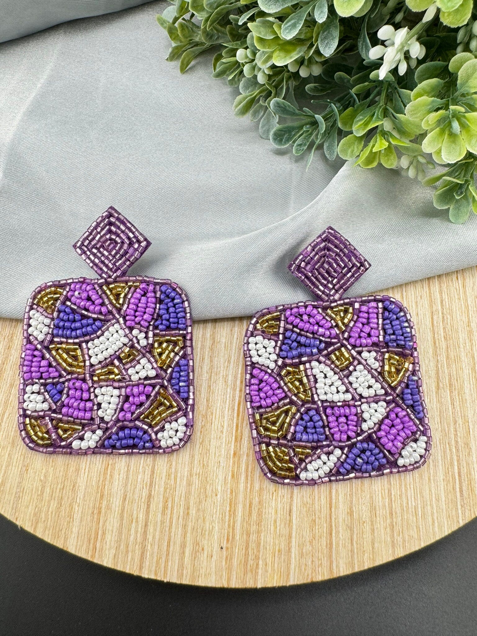 Beaded Purple and Lavender Square quirky beaded earring/Handmade earrings