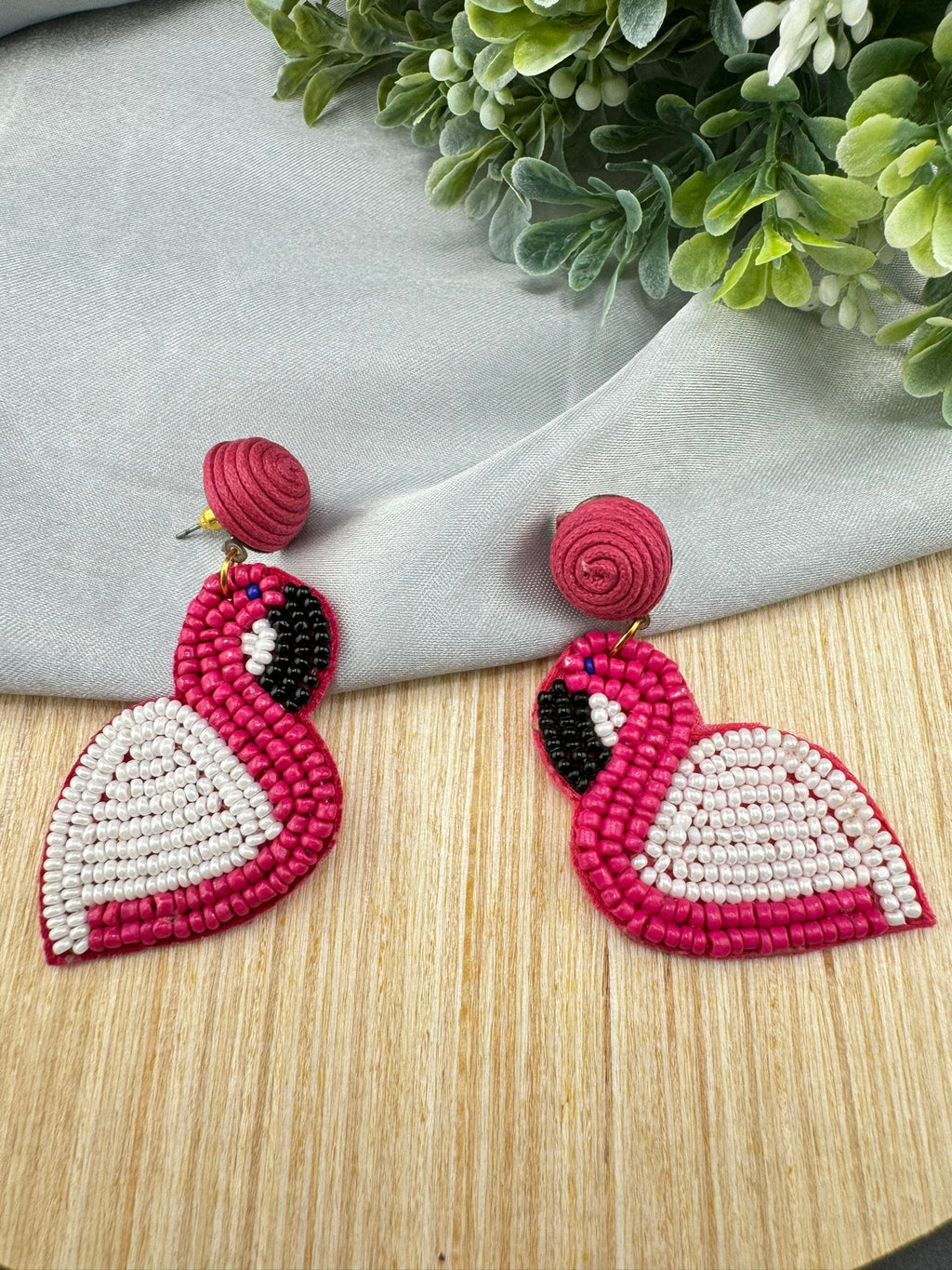 Beaded Pink and White Flamingo quirky beaded earring/Handmade earrings