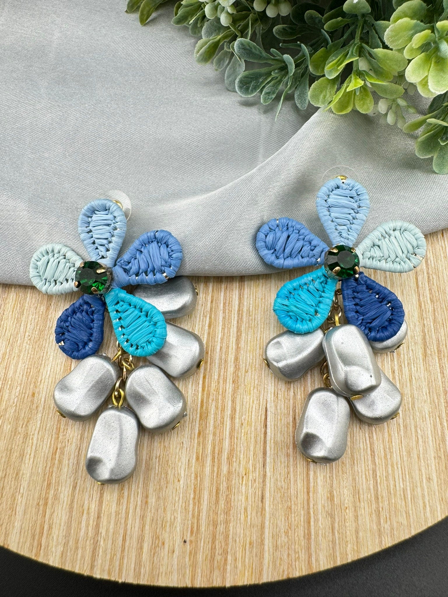 Threaded Blue Flower with Pearls dangle quirky earring/Handmade earrings