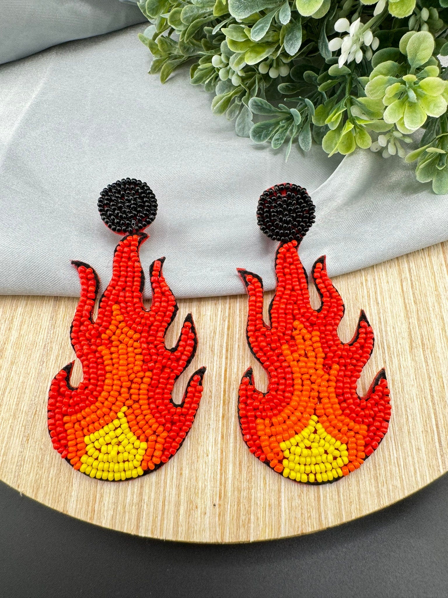 Beaded Orange and Red FIRE quirky beaded earring/Handmade earrings