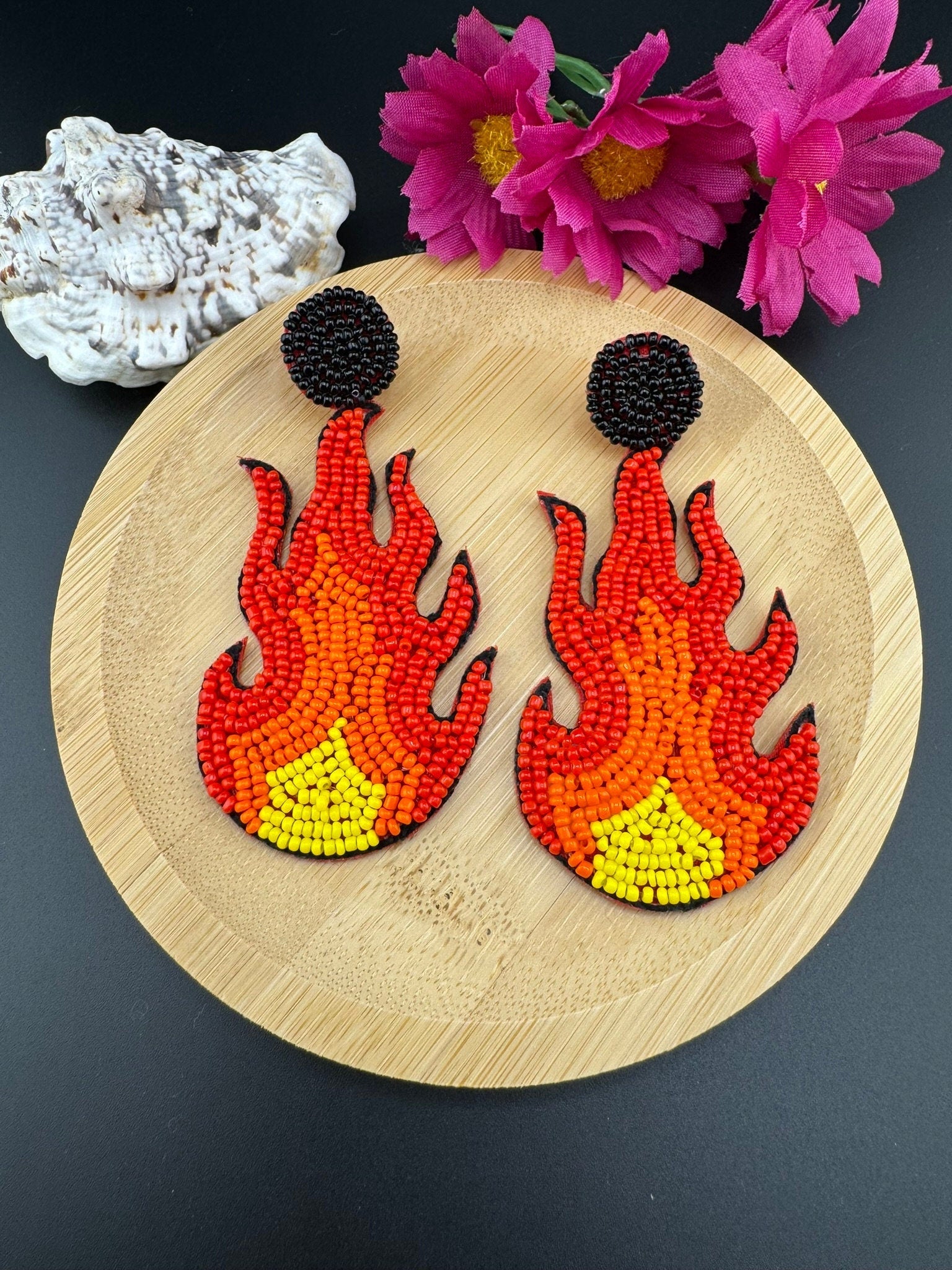 Beaded Orange and Red FIRE quirky beaded earring/Handmade earrings