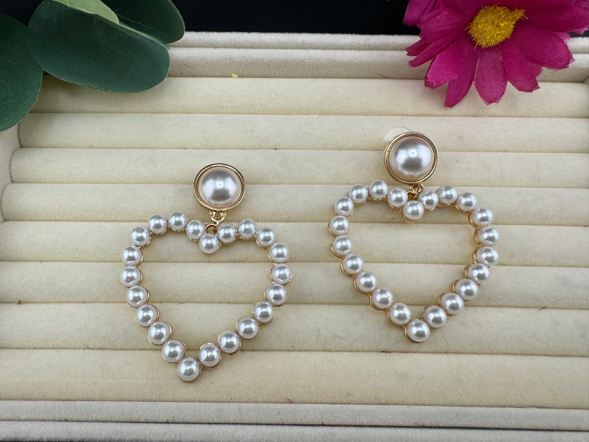 Premium Pearl Heart in Gold brass earrings/statement earrings/everyday jewelry/Indian western Earrings/unique design/modern quirky earrings