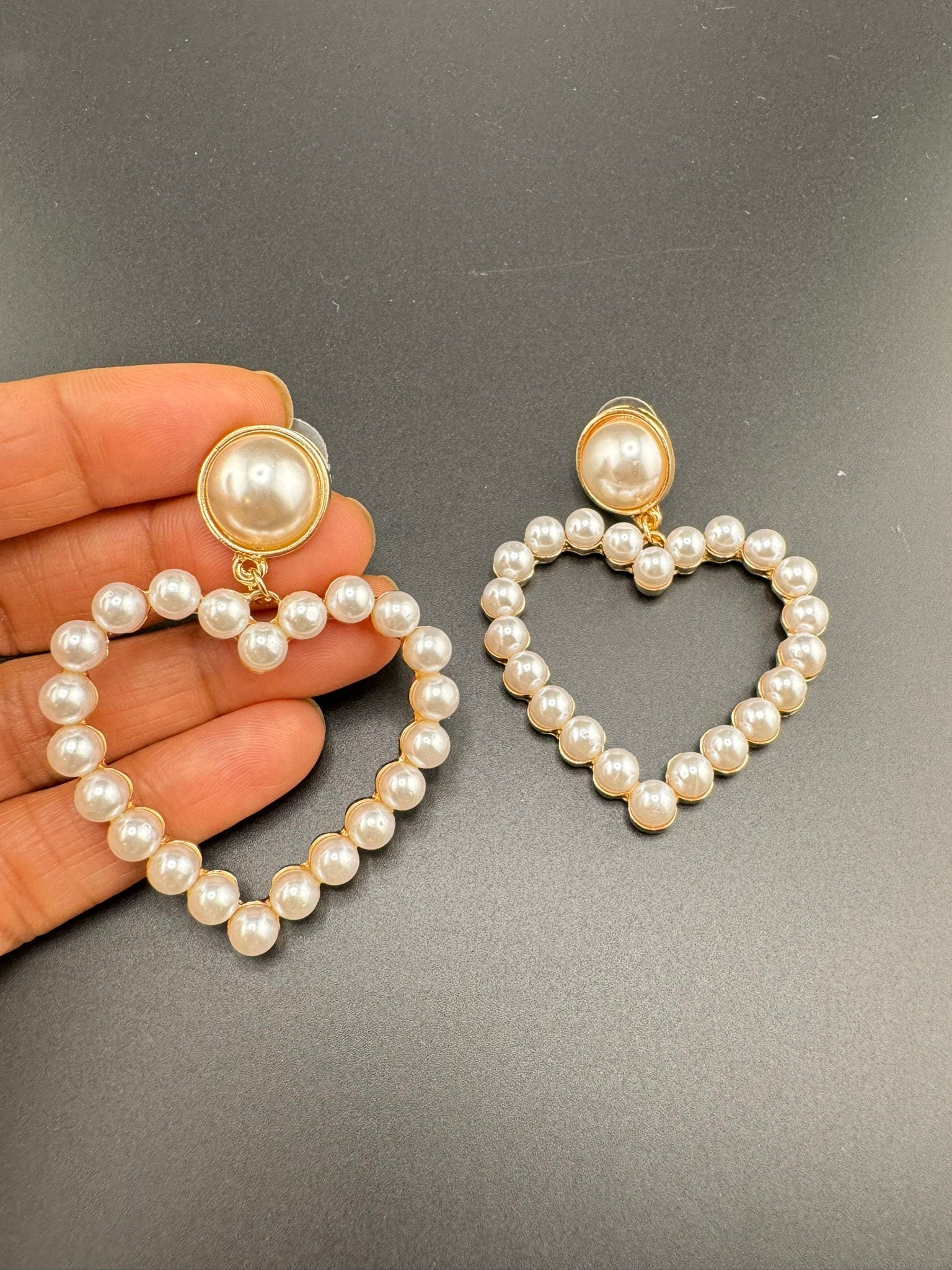 Premium Pearl Heart in Gold brass earrings/statement earrings/everyday jewelry/Indian western Earrings/unique design/modern quirky earrings