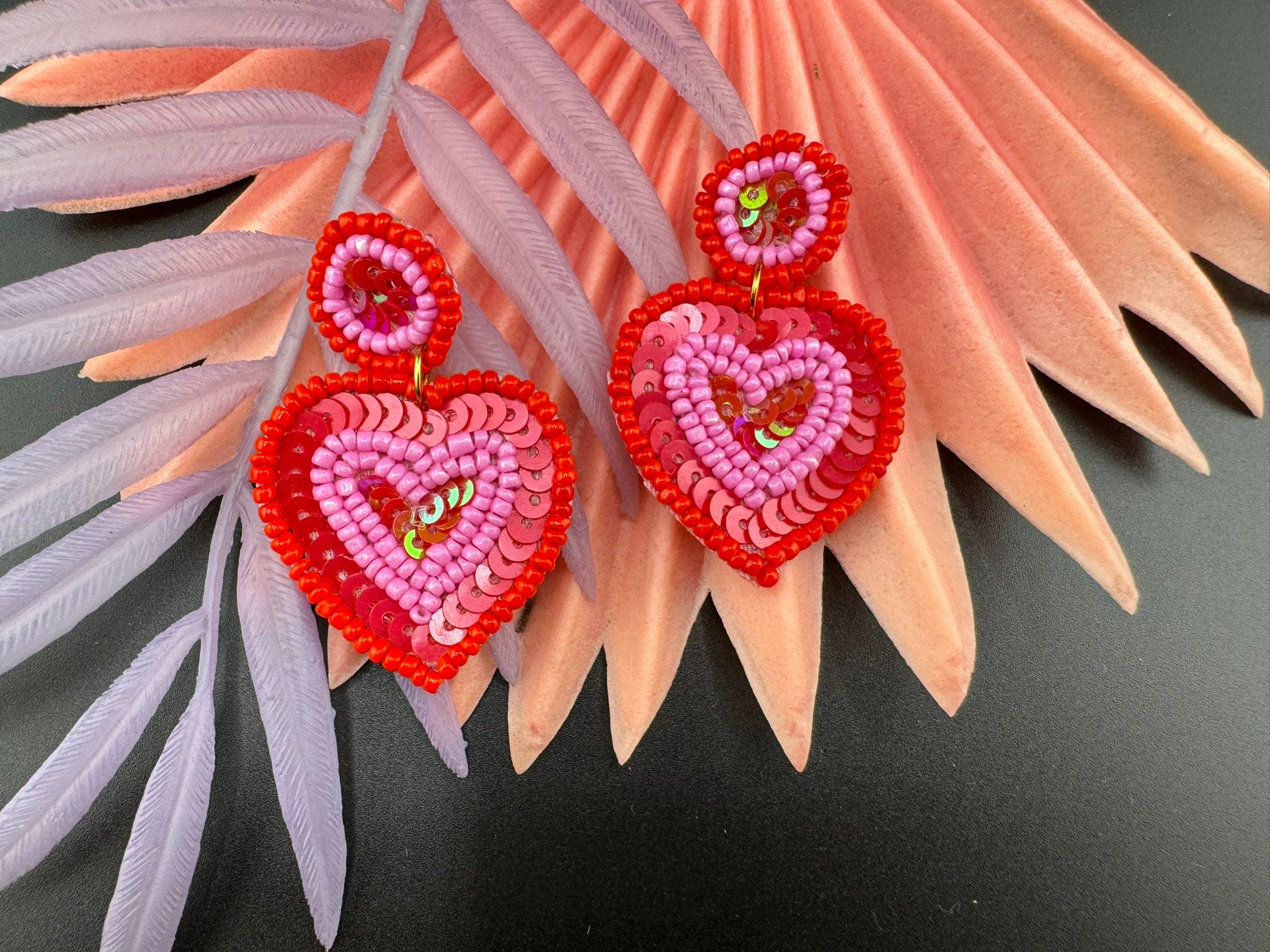 Beaded Pink and Red Heart quirky earring/Handmade earring/Statement Earring/Boho Earring/Beaded earring/Ethnic Earring/Valentines Love