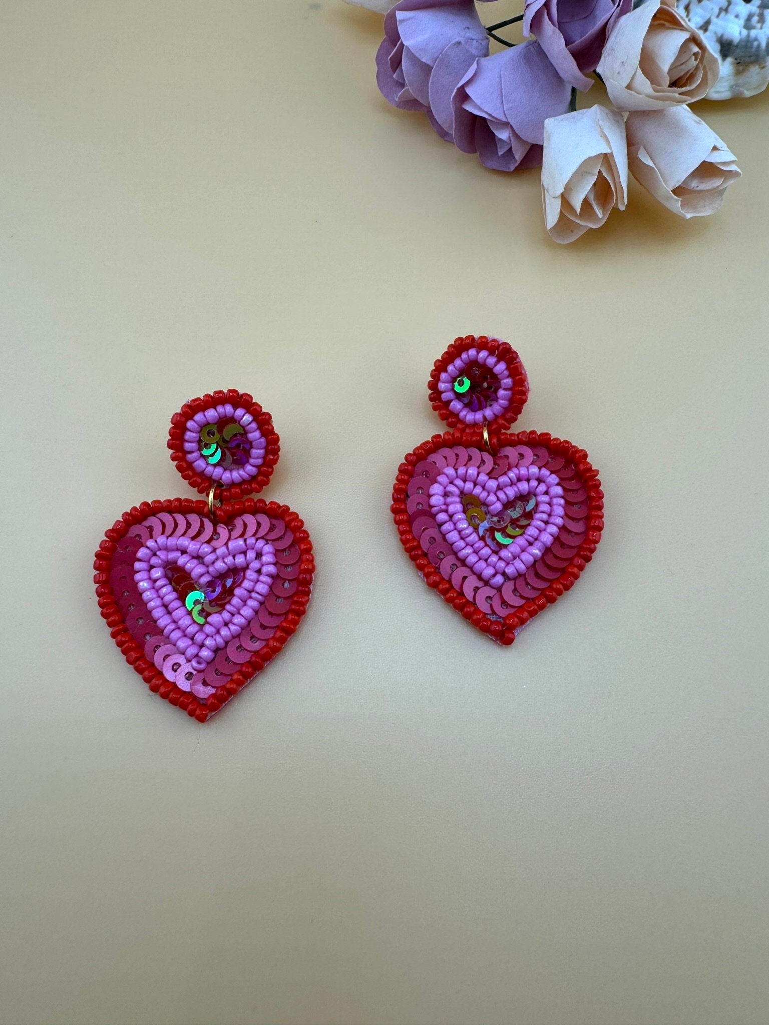 Beaded Pink and Red Heart quirky earring/Handmade earring/Statement Earring/Boho Earring/Beaded earring/Ethnic Earring/Valentines Love