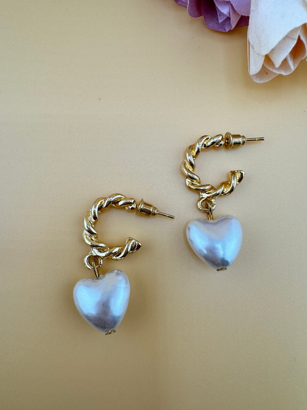 Pearl Heart and Gold brass metal earrings/statement earrings/everyday jewelry/Indian western Earrings/unique design/modern quirky earrings