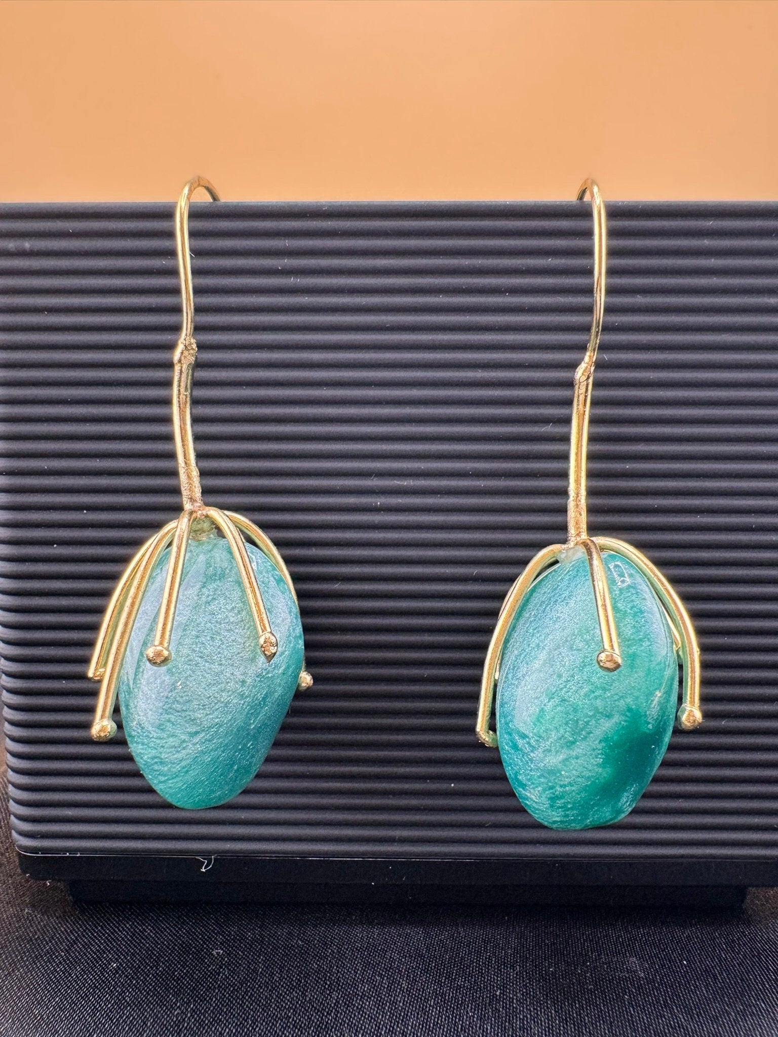 Ocean Green Stone and Gold brass dangle earrings/statement earrings/everyday jewelry/Indian western Earrings/unique design/quirky earrings