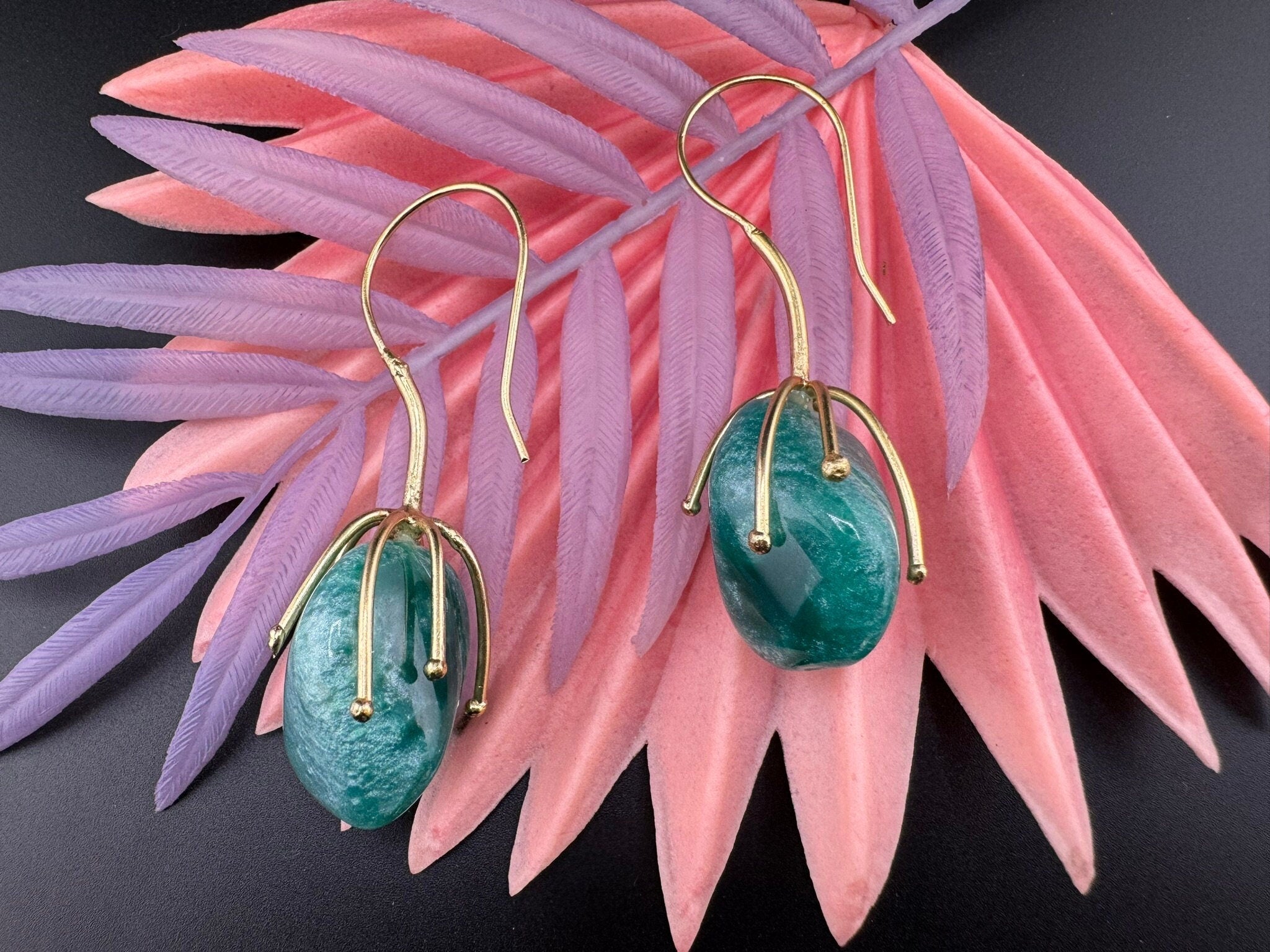 Ocean Green Stone and Gold brass dangle earrings/statement earrings/everyday jewelry/Indian western Earrings/unique design/quirky earrings