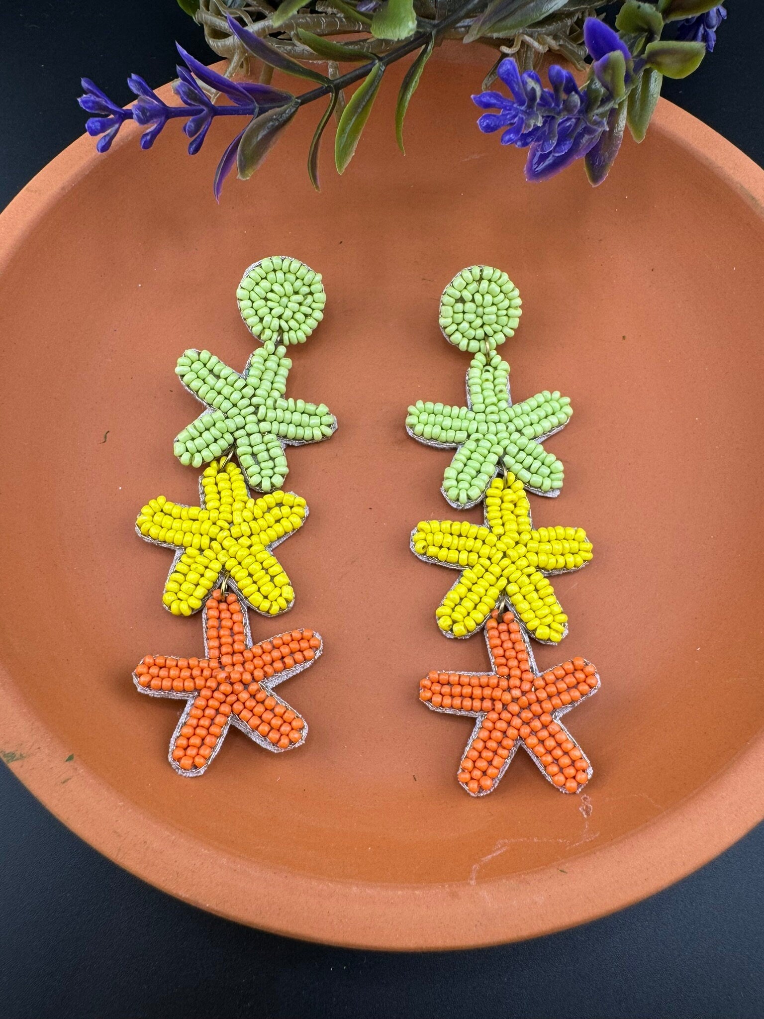 Beaded Multicolor long three star quirky earrings / Handmade earrings