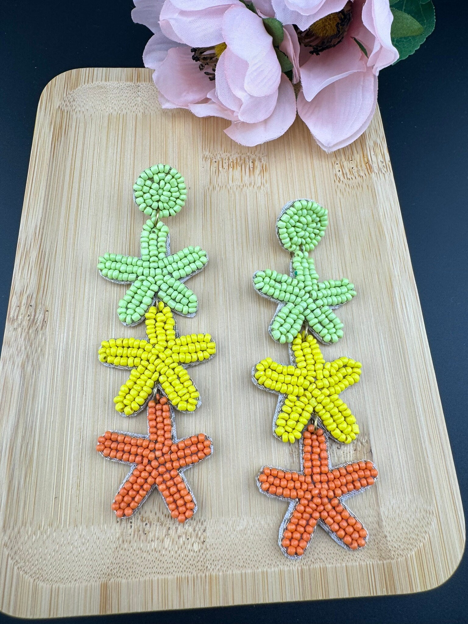 Beaded Multicolor long three star quirky earrings / Handmade earrings