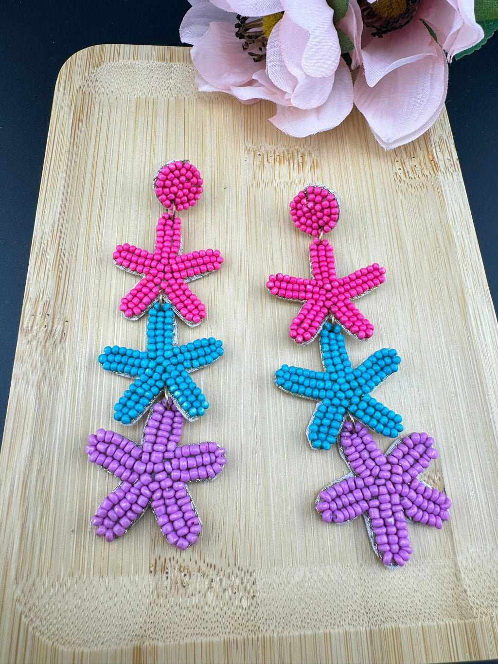 Beaded Multicolor long three star quirky earrings / Handmade earrings