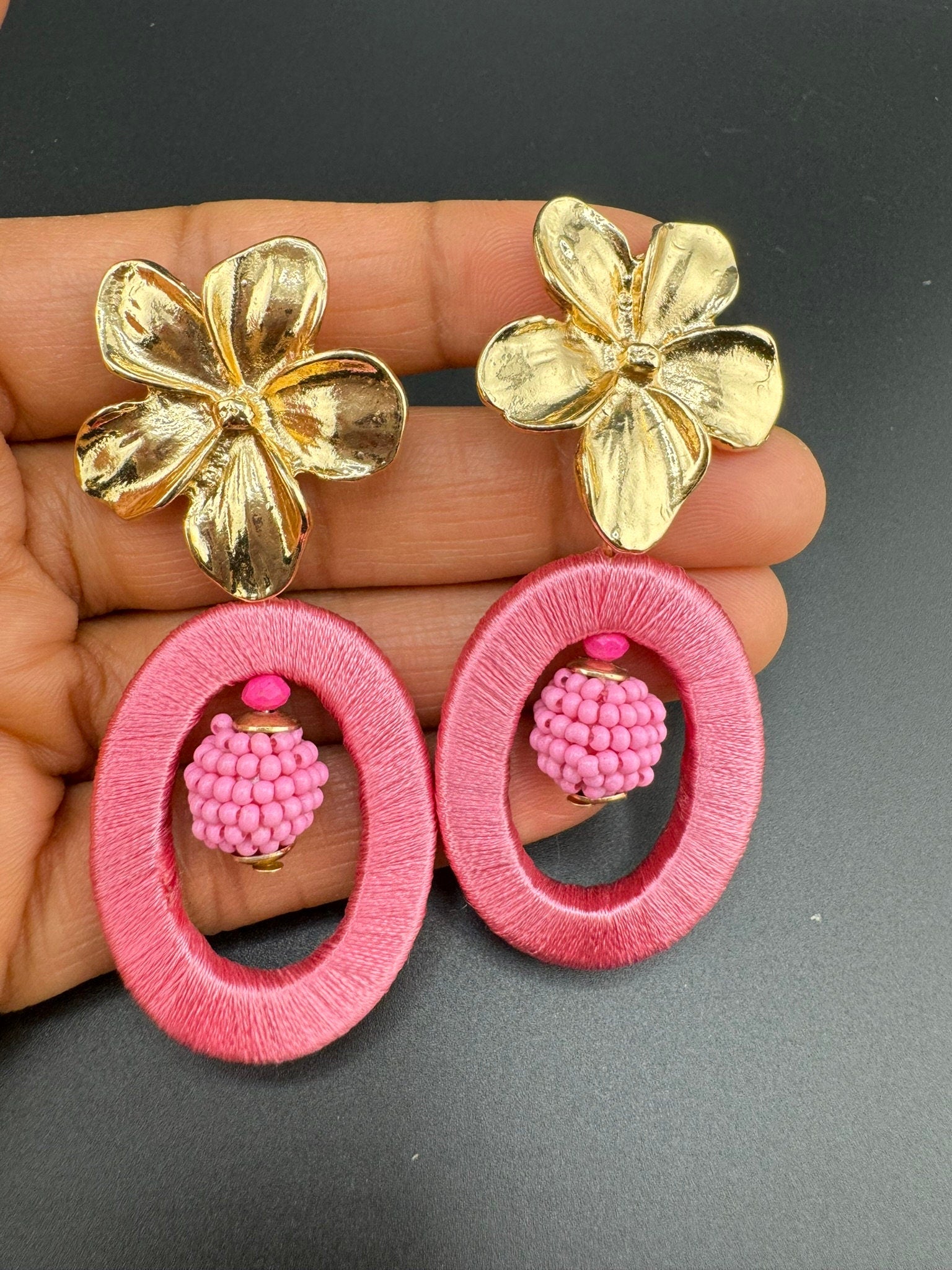 Beaded Threaded Pink and Gold Flower unique quirky earring/Handmade/Statement Boho Earring/Beaded earring/everyday Earring/Valentines Love