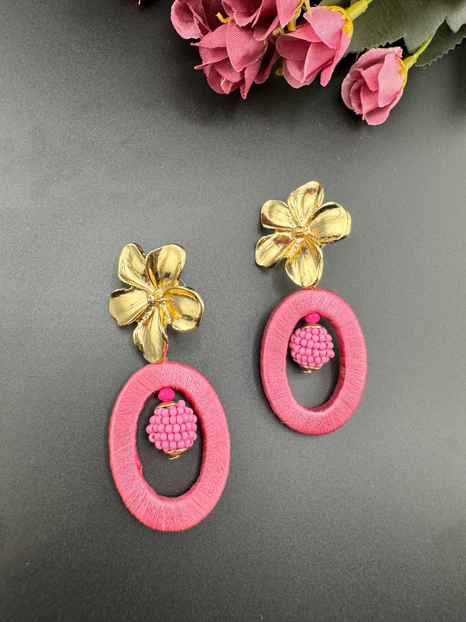 Beaded Threaded Pink and Gold Flower unique quirky earring/Handmade/Statement Boho Earring/Beaded earring/everyday Earring/Valentines Love