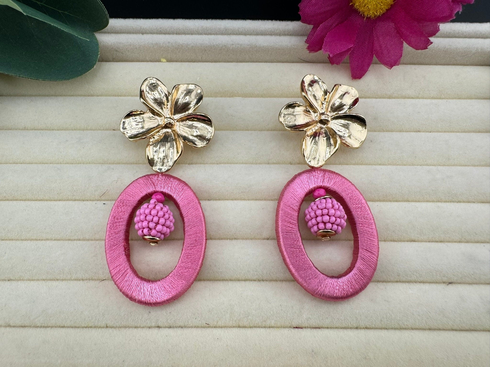 Beaded Threaded Pink and Gold Flower unique quirky earring/Handmade/Statement Boho Earring/Beaded earring/everyday Earring/Valentines Love