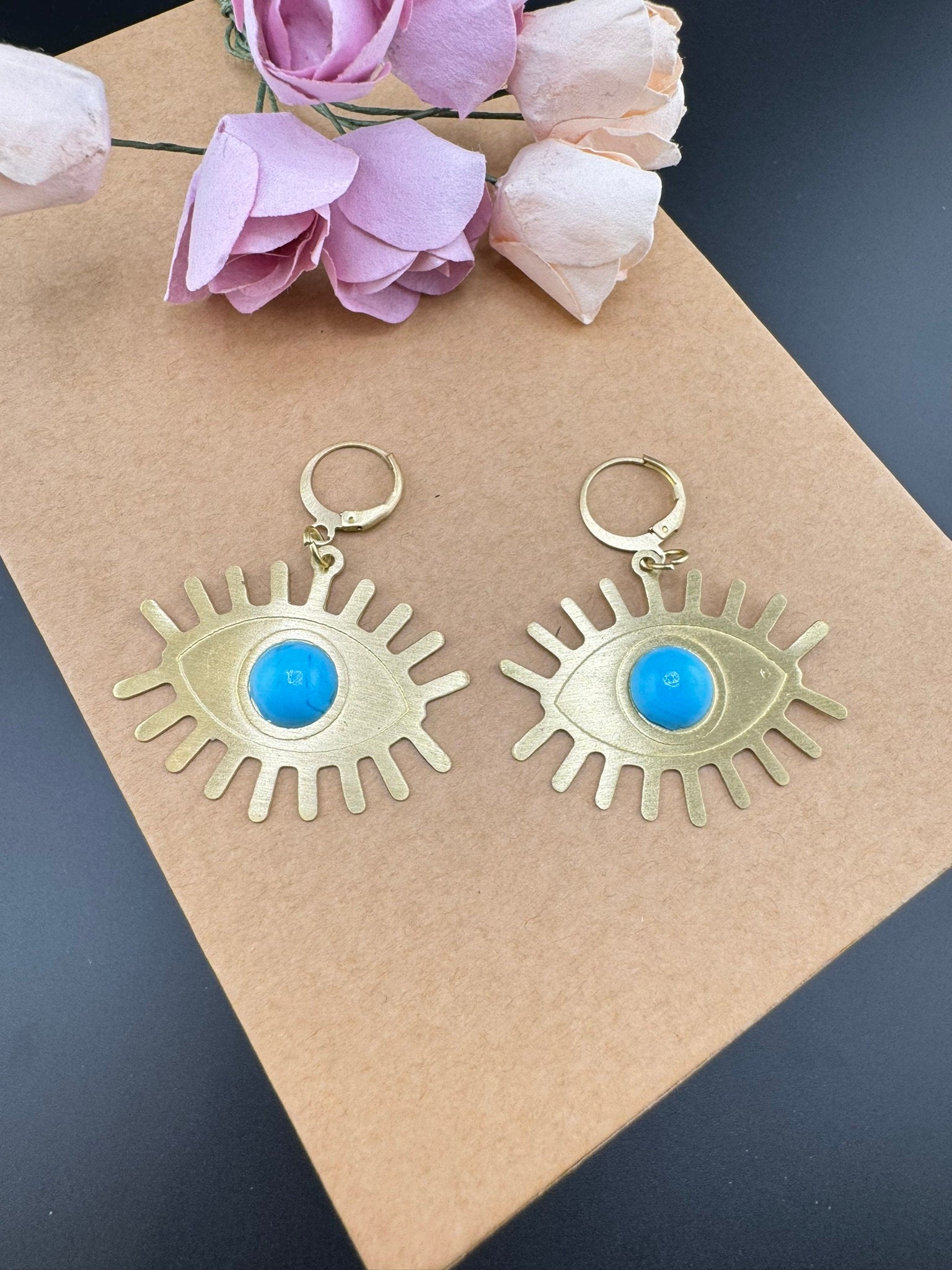 Blue Stone and Matt Gold Evil Eye earring/statement earring/everyday jewelry/Indian western Earring/unique lightweight design/quirky earring