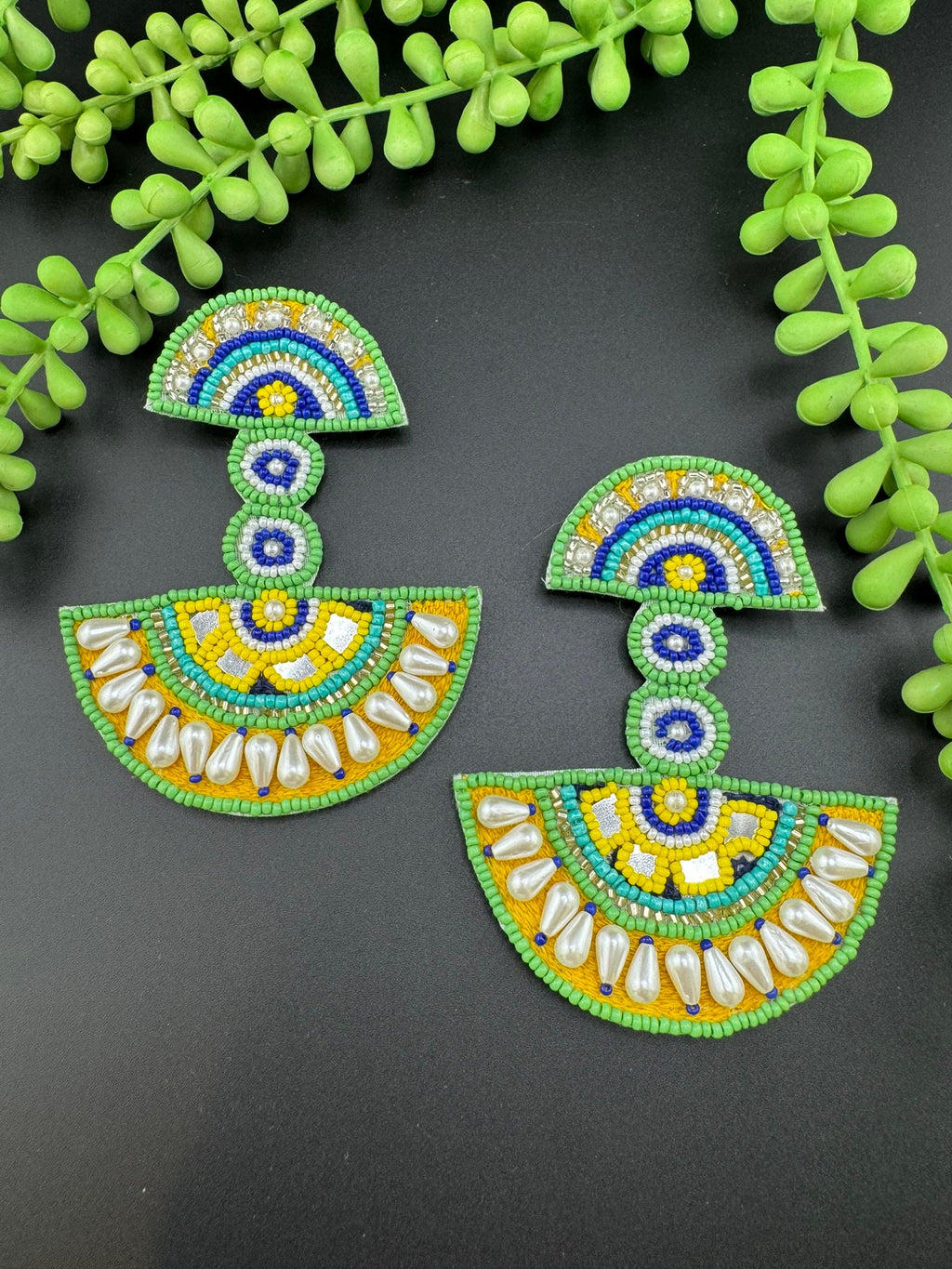 Beaded Oversized Long Quirky Green earring/Handmade Oversized earrings