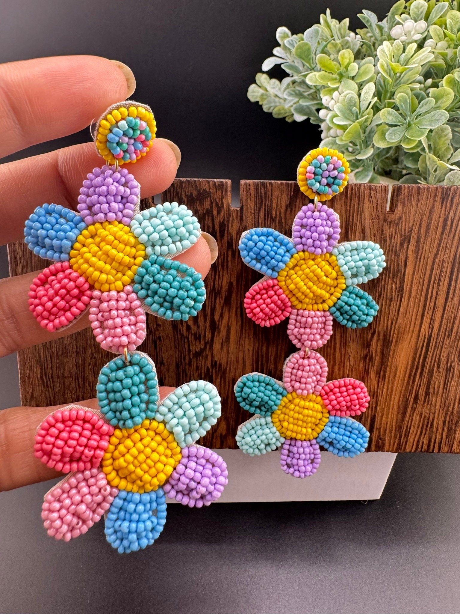 Beaded multicolor Long Quirky flower earrings / Handmade earrings