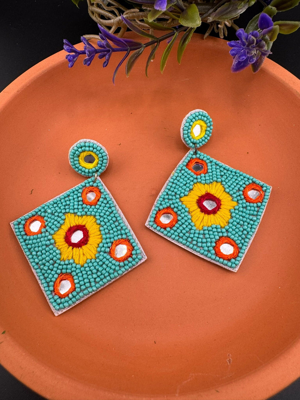 Beaded Teal/Turquoise Mirror Quirky Beaded earrings/Handmade earrings