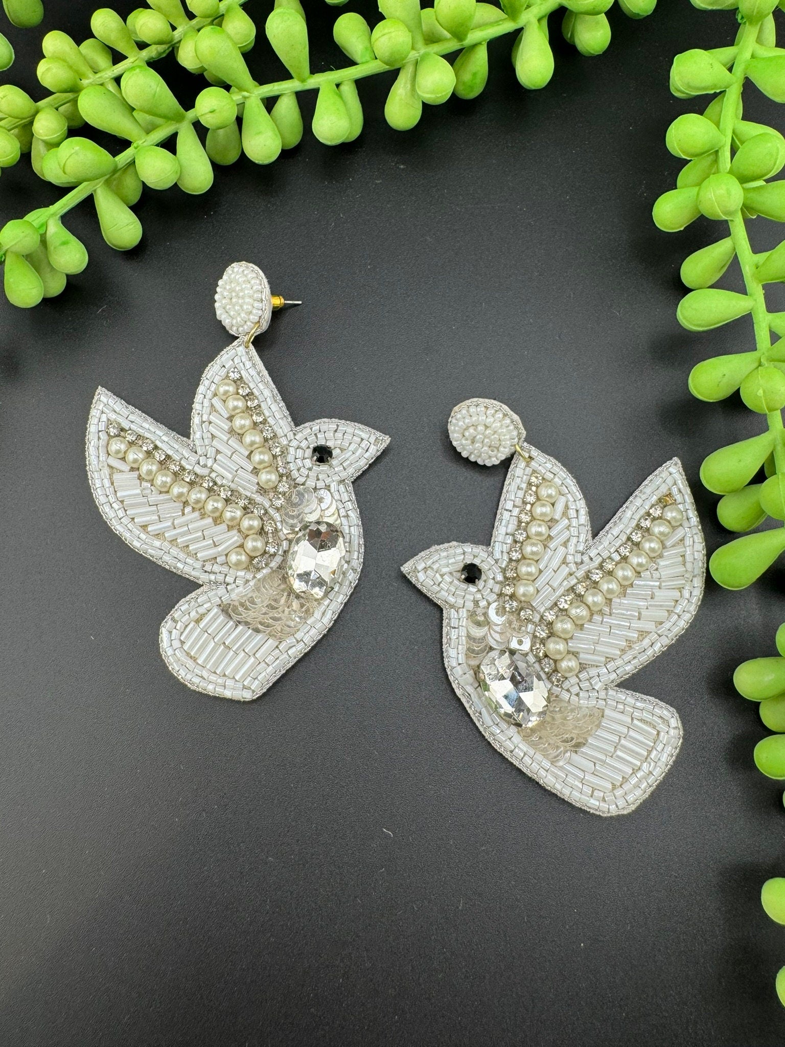 Beaded White Silver Dove/pigeon Quirky earring/Handmade earring/Statement Earring/Boho/Beaded earring/Ethnic Earring/Light weight/bridesmaid