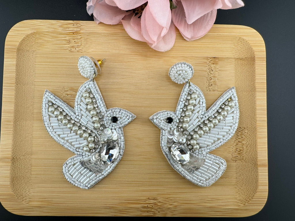 Beaded White Dove pigeon Quirky Unique earrings