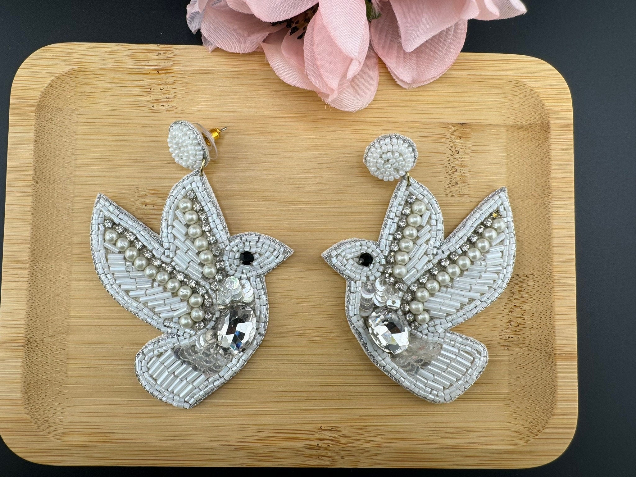 Beaded White Dove pigeon Quirky Unique earrings