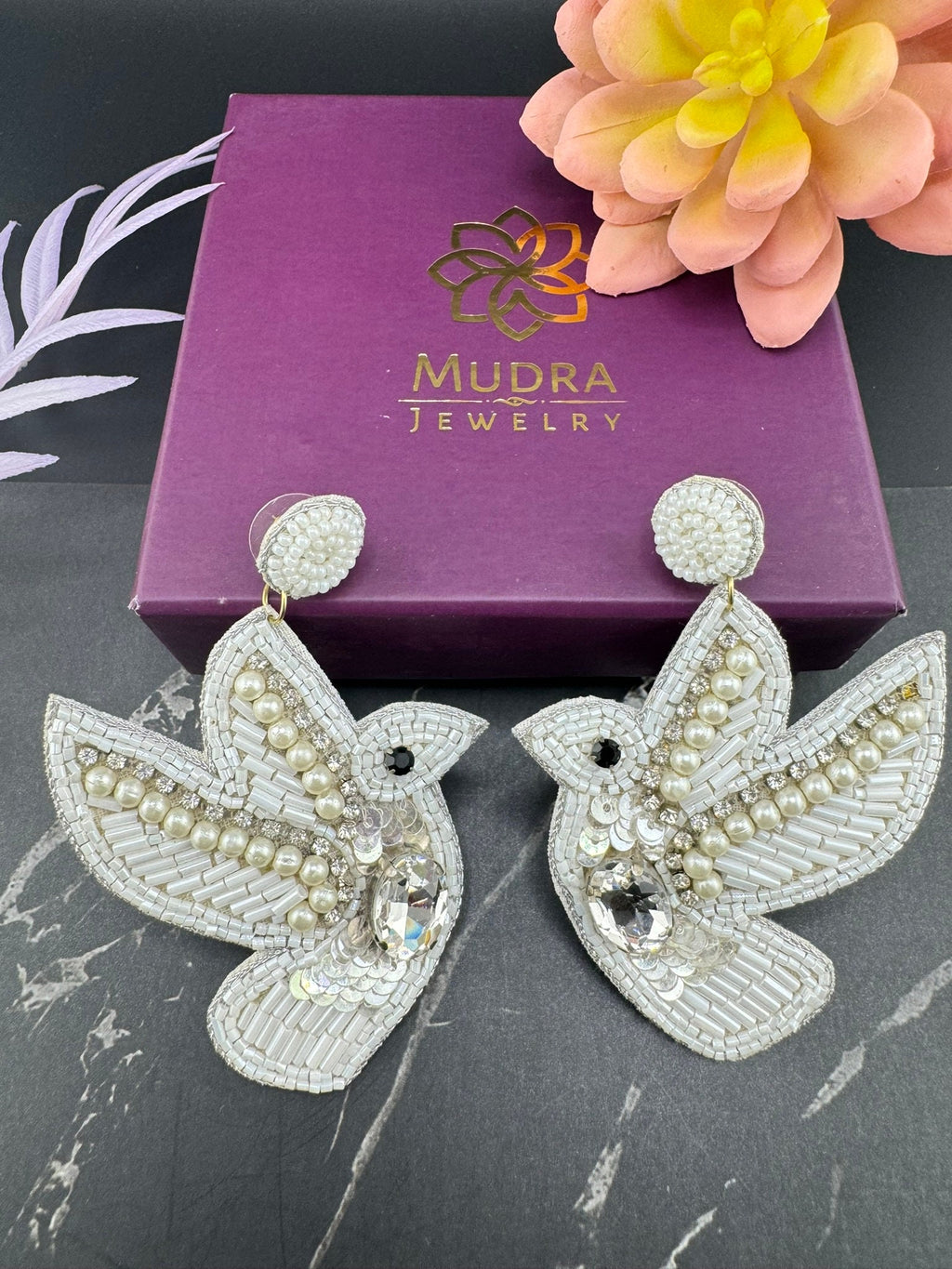 Beaded White Dove pigeon Quirky Unique earrings