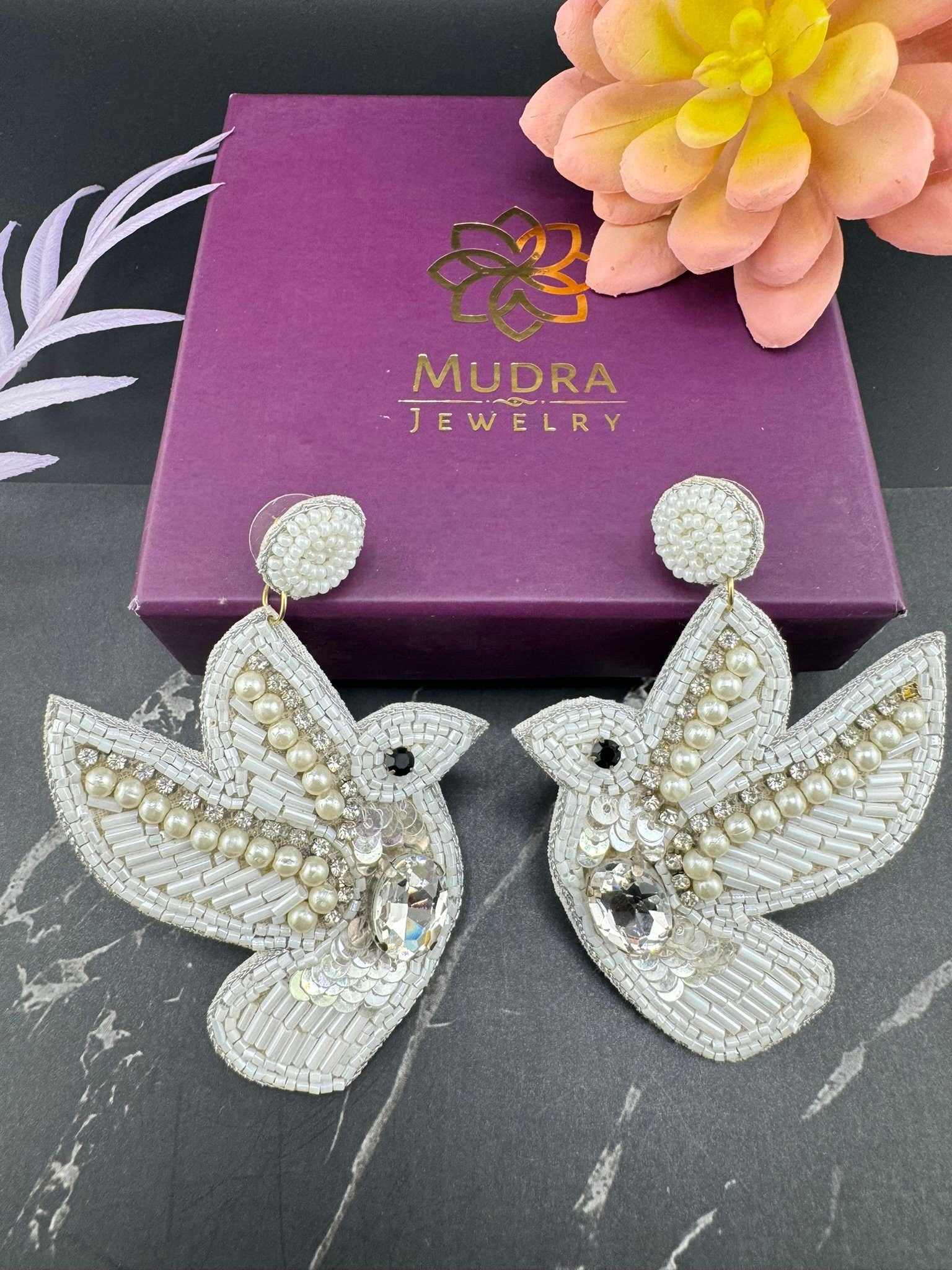 Beaded White Dove pigeon Quirky Unique earrings