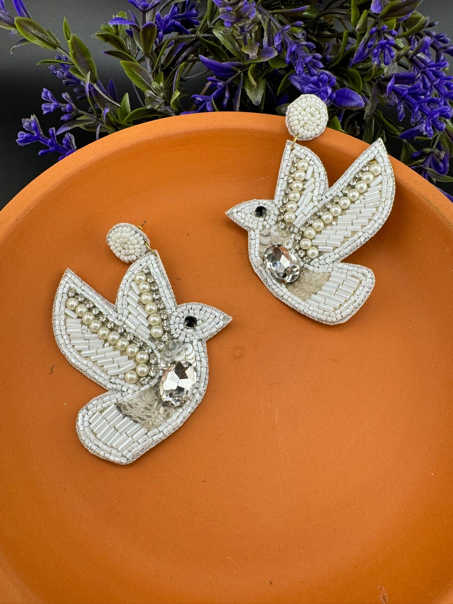 Beaded White Dove pigeon Quirky Unique earrings