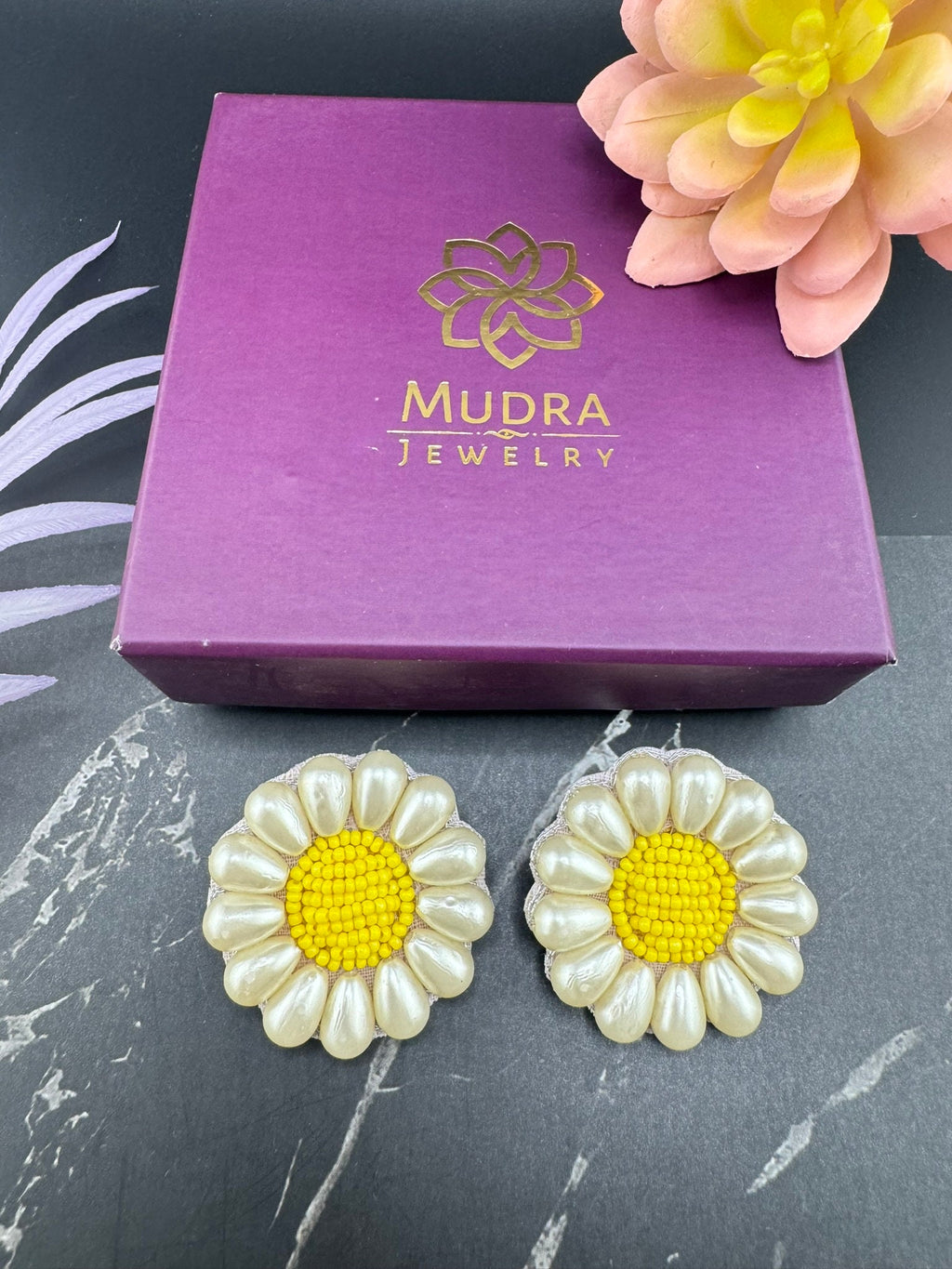 Yellow Beaded Pearl Flower quirky Studs earrings