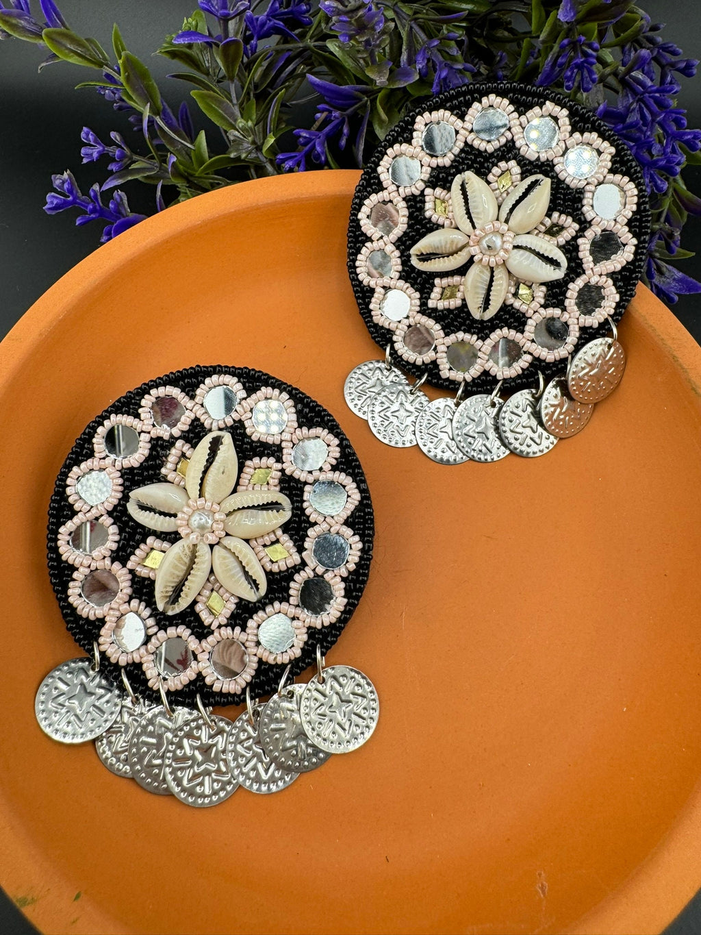Black Beaded Mirror and Shell Oversized Stud earrings, cowrie/cowri Jewelry