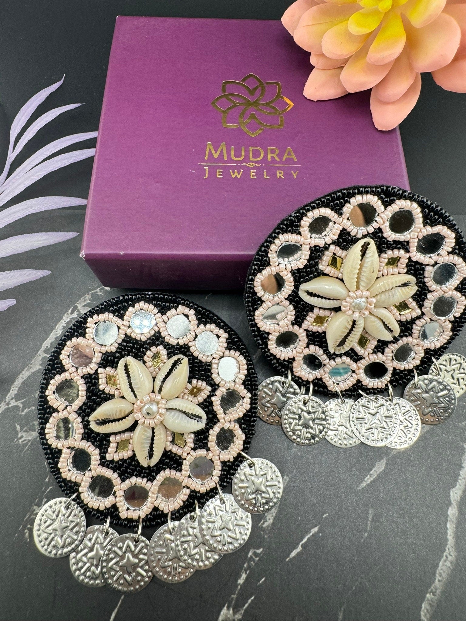 Black Beaded Mirror and Shell Oversized Stud earrings, cowrie/cowri Jewelry