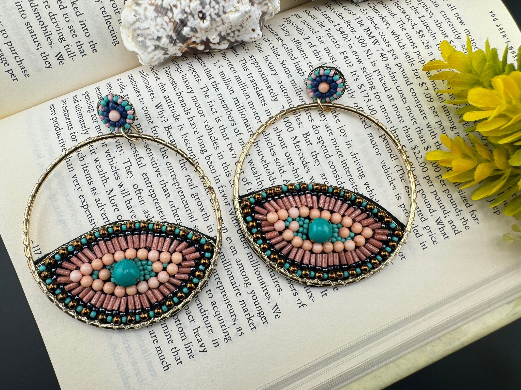 Beaded Metal Evil Eye Big hoop Quirky earring/Handmade earring/Statement Earring/Boho/Beaded earring/Ethnic Earring/Light weight/bridesmaid