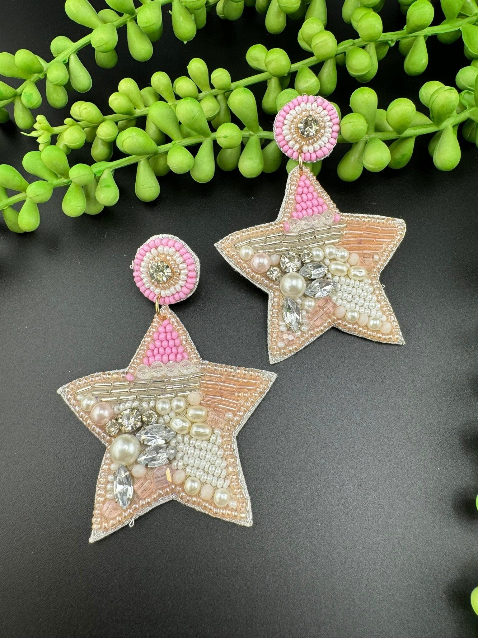 Beaded Baby Pink Glitter Star Quirky earring/Handmade earring/Statement Earring/Boho/Beaded earring/Ethnic Earring/Light weight/bridesmaid